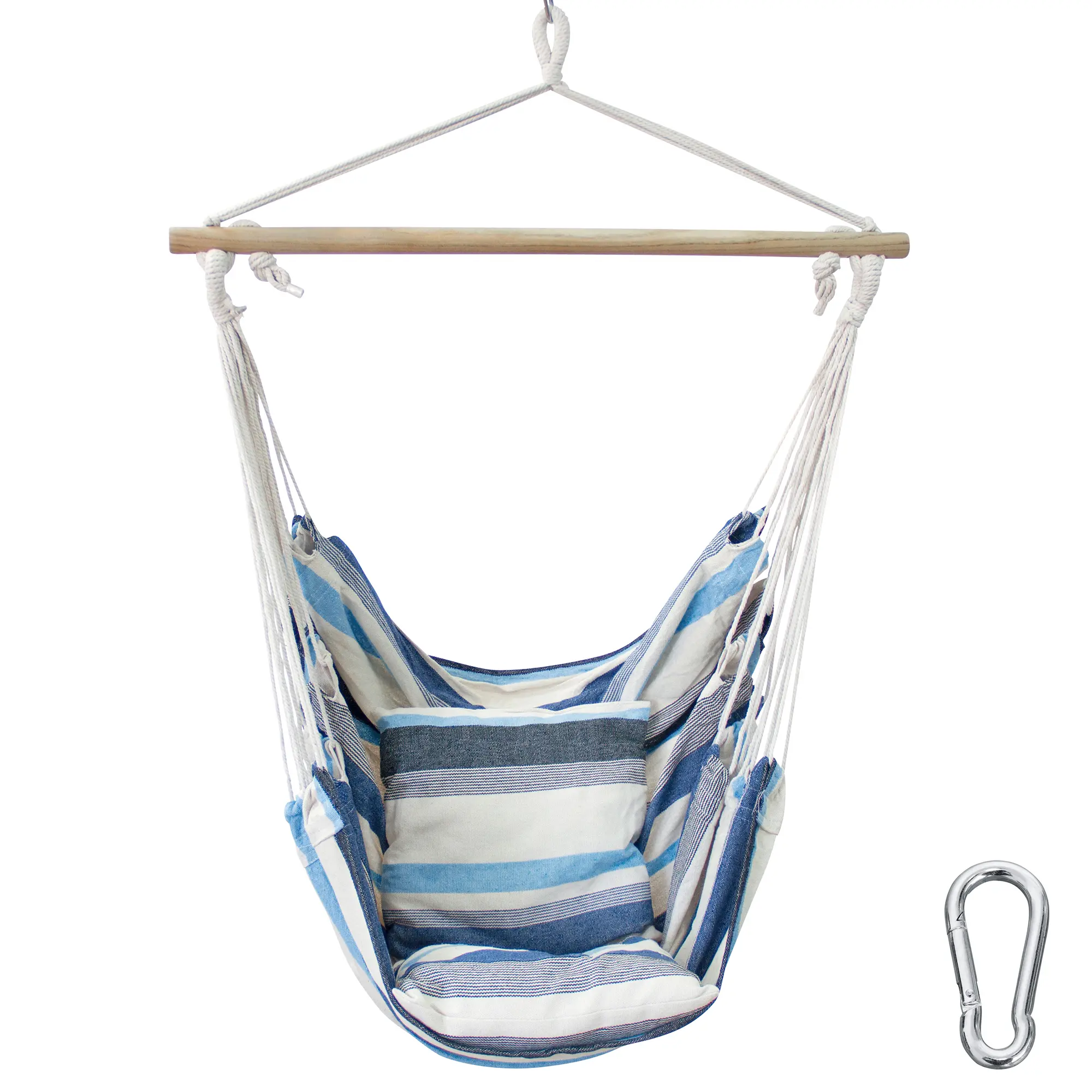 Hanging chair yourGEAR Lombok Aqua with blue and white stripes, two square cushions, sturdy wooden bar, white ropes, and metal carabiner, suitable for indoor and outdoor use, supports up to 240 kg.