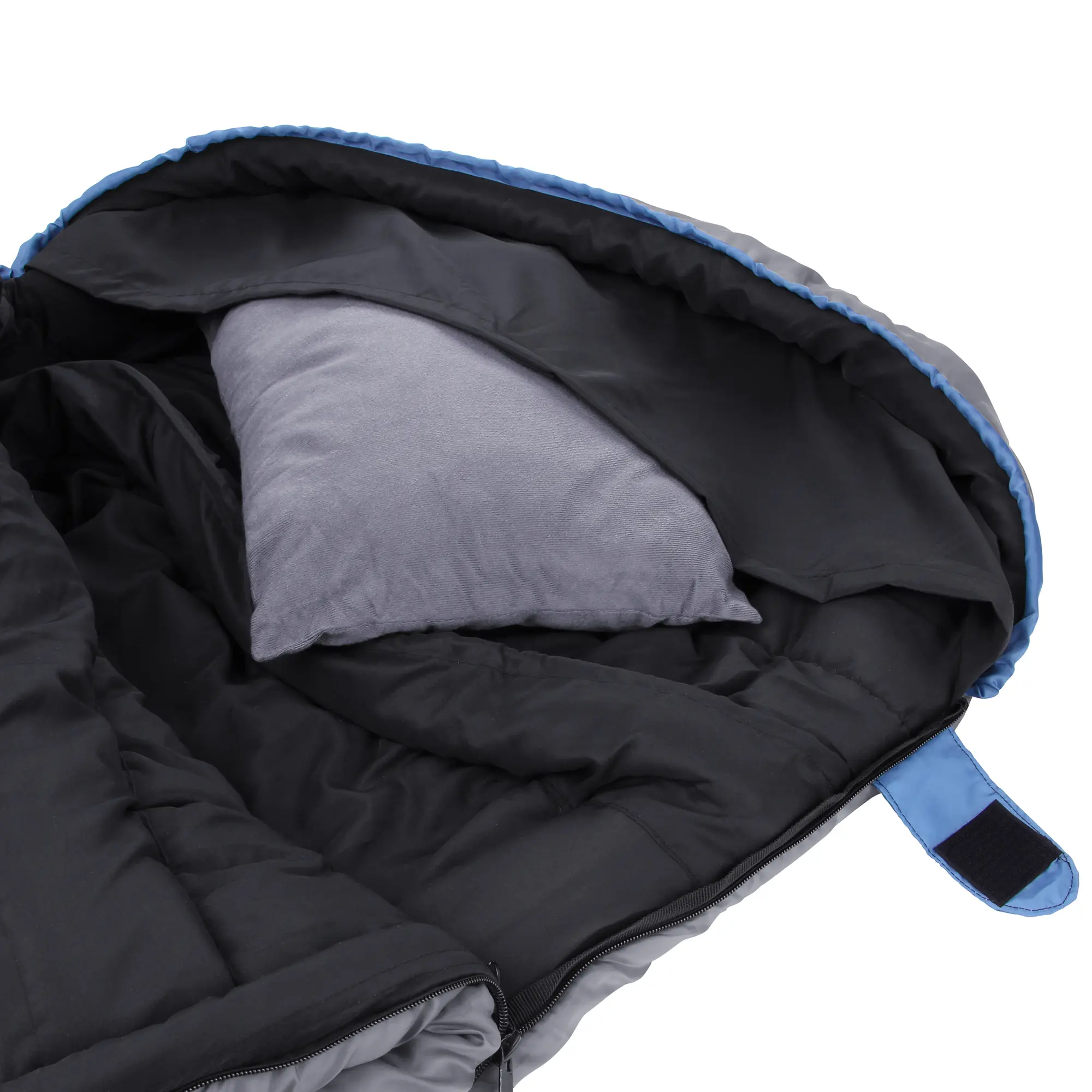Schlafsack yourGEAR Sirocco in Blau-Grau, Mumienschlafsack für 3-4 Jahreszeiten, Innenansicht mit grauem Kissen, doppellagig, warmer Stoff, sichtbarer Reißverschluss und Klettverschluss.