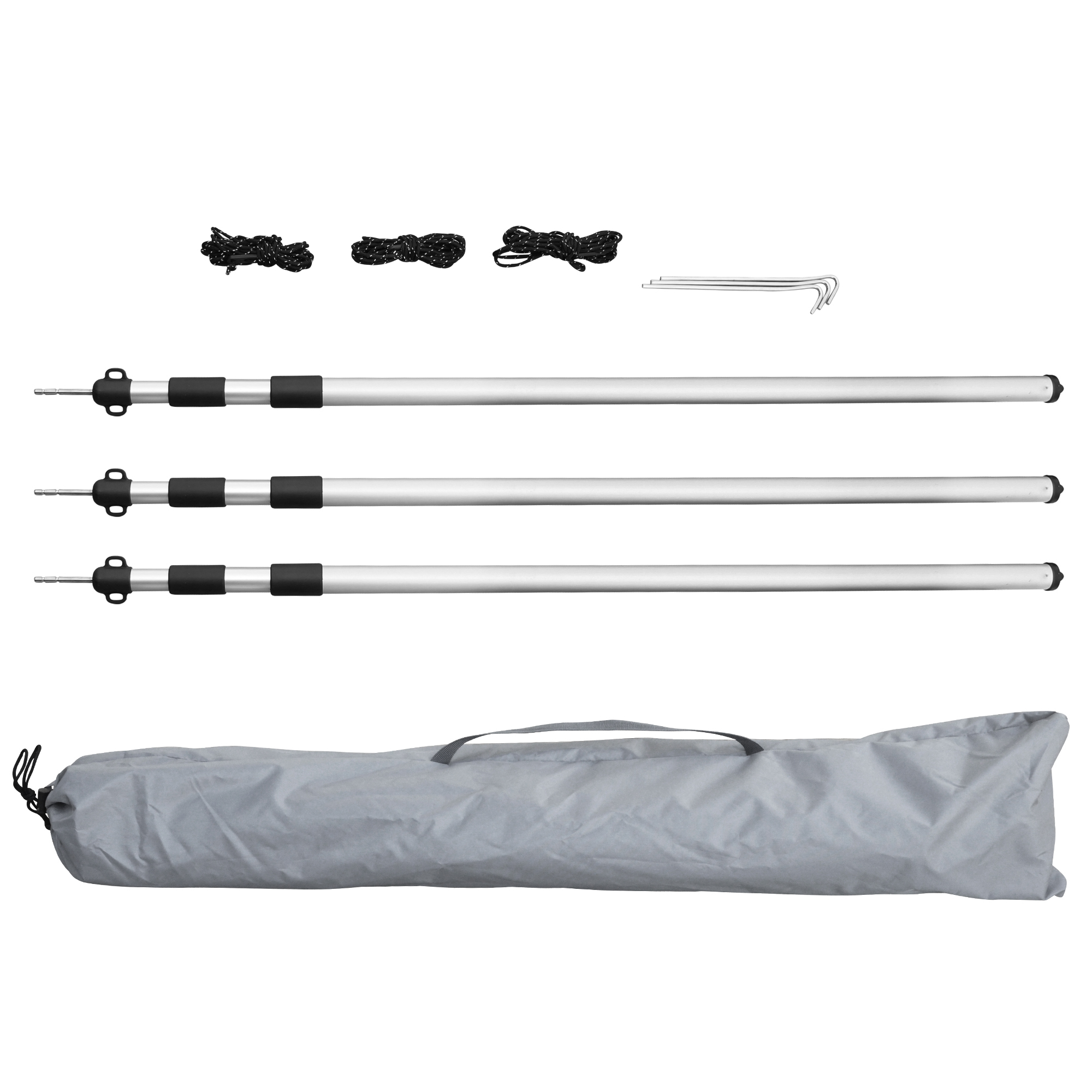 Tarp de caravane yourGEAR 3x2,4 m gris, avec 3 mâts télescopiques en aluminium, cordes, piquets et sac de transport. Protection UV 50+ contre soleil et pluie, idéal pour camping et caravaning.