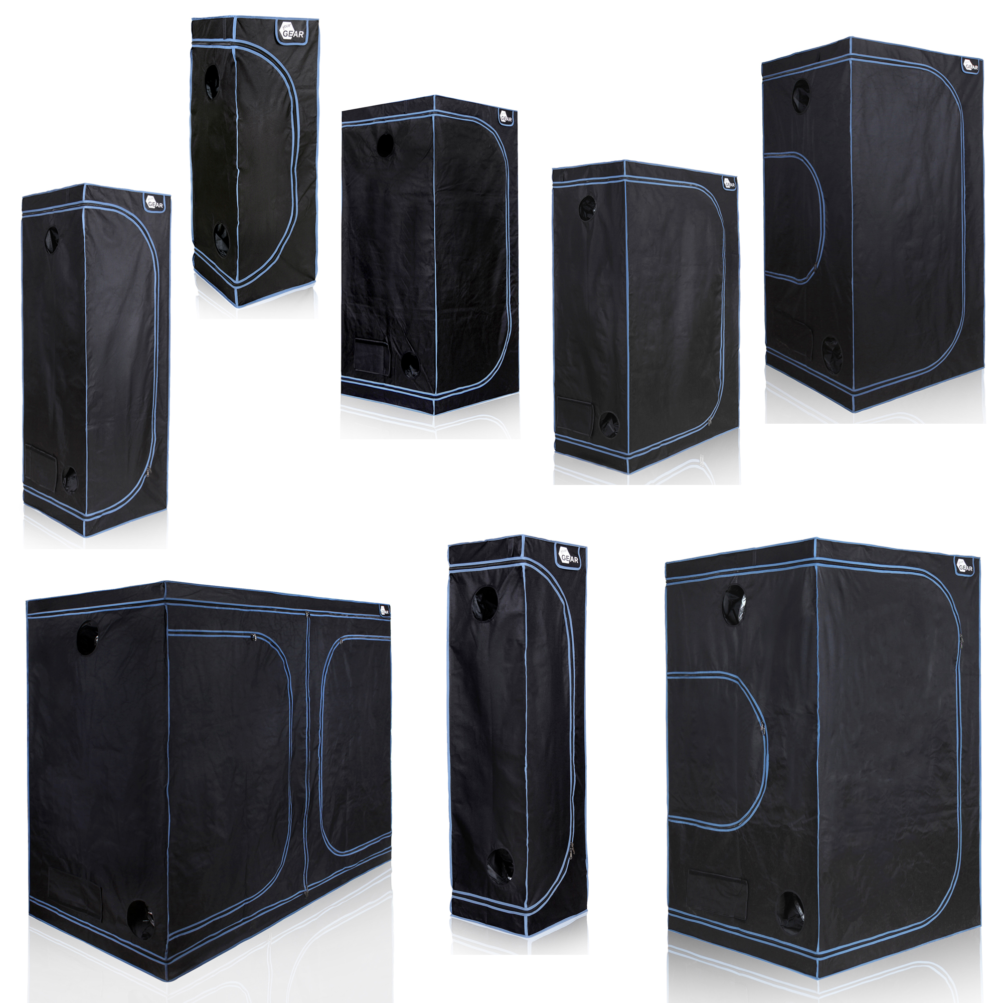 Schwarzes yourGEAR Growzelt Plantsville 120x120x200 cm, mit blauen Nähten, mehreren Lüftungsöffnungen und Sichtfenstern, robustes Material, verschiedene Ansichten des Indoor-Gewächshauses für Pflanzenzucht.