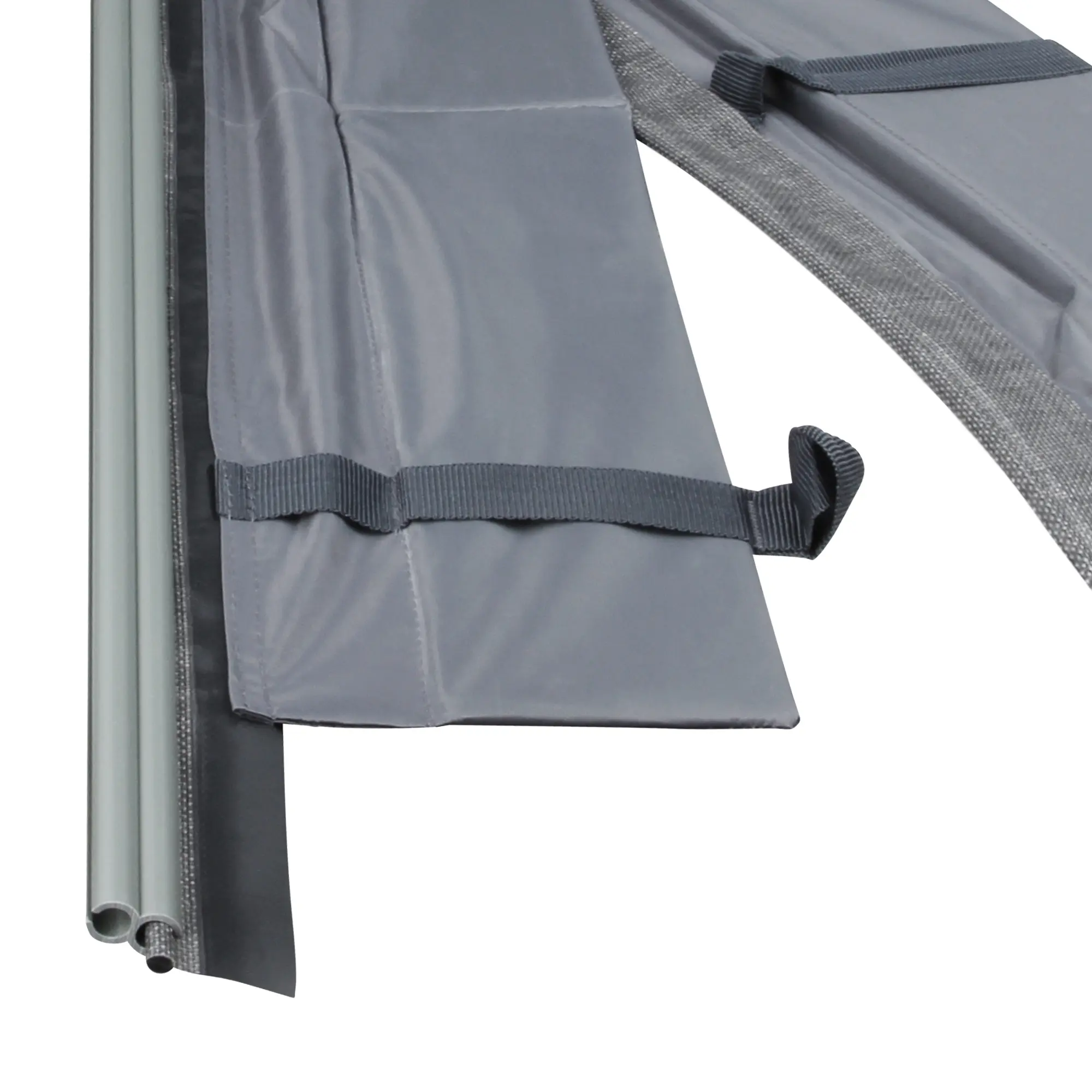 Kit yourGEAR Magnetic Drive Away avec rail magnétique gris, adaptateur Keder 7mm pour auvents de bus, camping-car ou van, sangles de fixation visibles, matériau résistant pour accessoires de caravane.