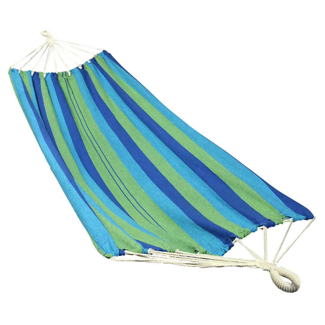 Hamac 10T AzurinXL pour 1 personne, tissu en coton 100 %, rayé bleu et vert, dimensions 220x110 cm, avec cordes de suspension robustes et anneaux d’accroche, idéal pour jardin, terrasse ou camping.