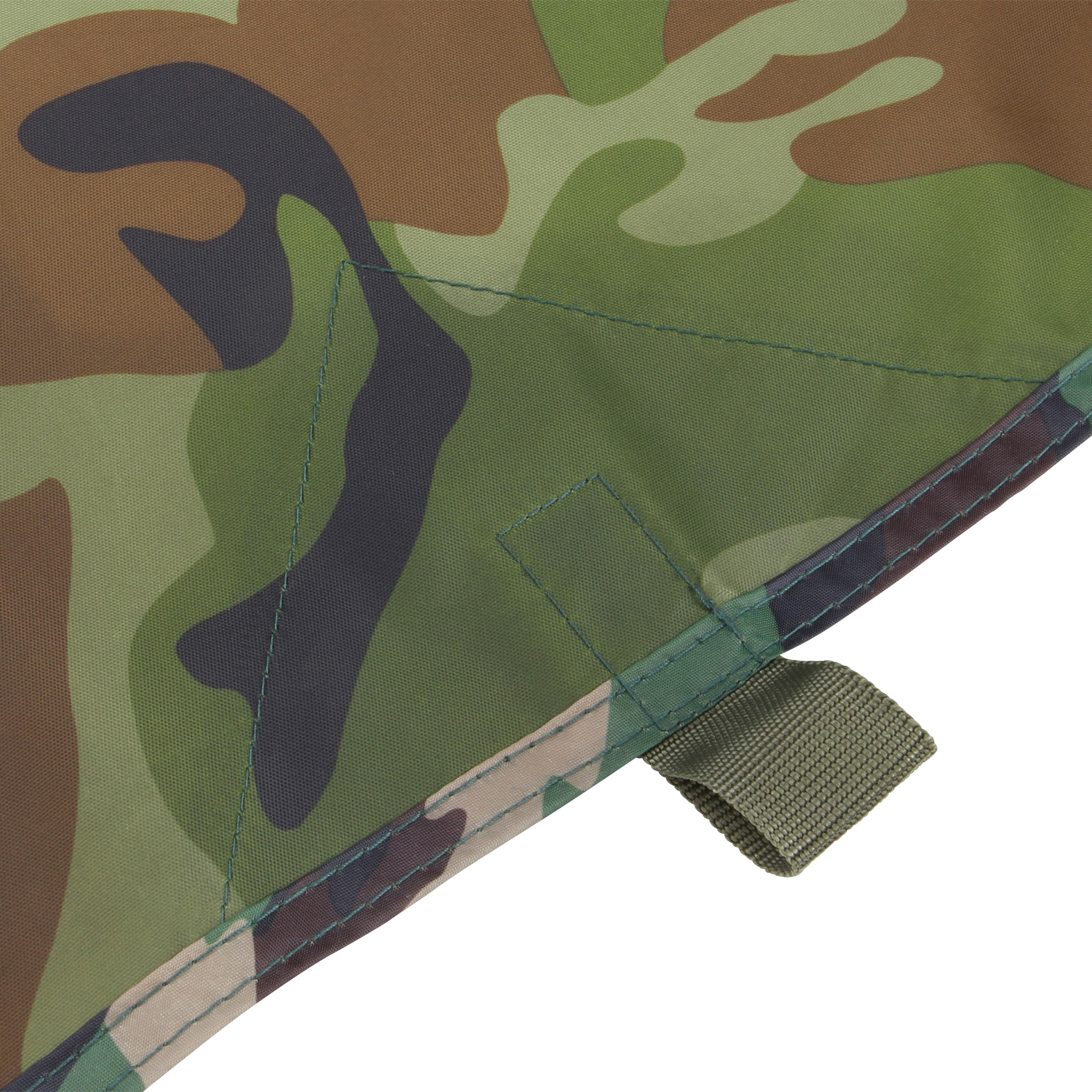 Close-up of yourGEAR Bushcraft Tarp 3x3 showing durable camouflage waterproof fabric, reinforced stitching, and a sturdy attachment loop for secure setup; ideal for camping, survival, and outdoor sun or rain protection.