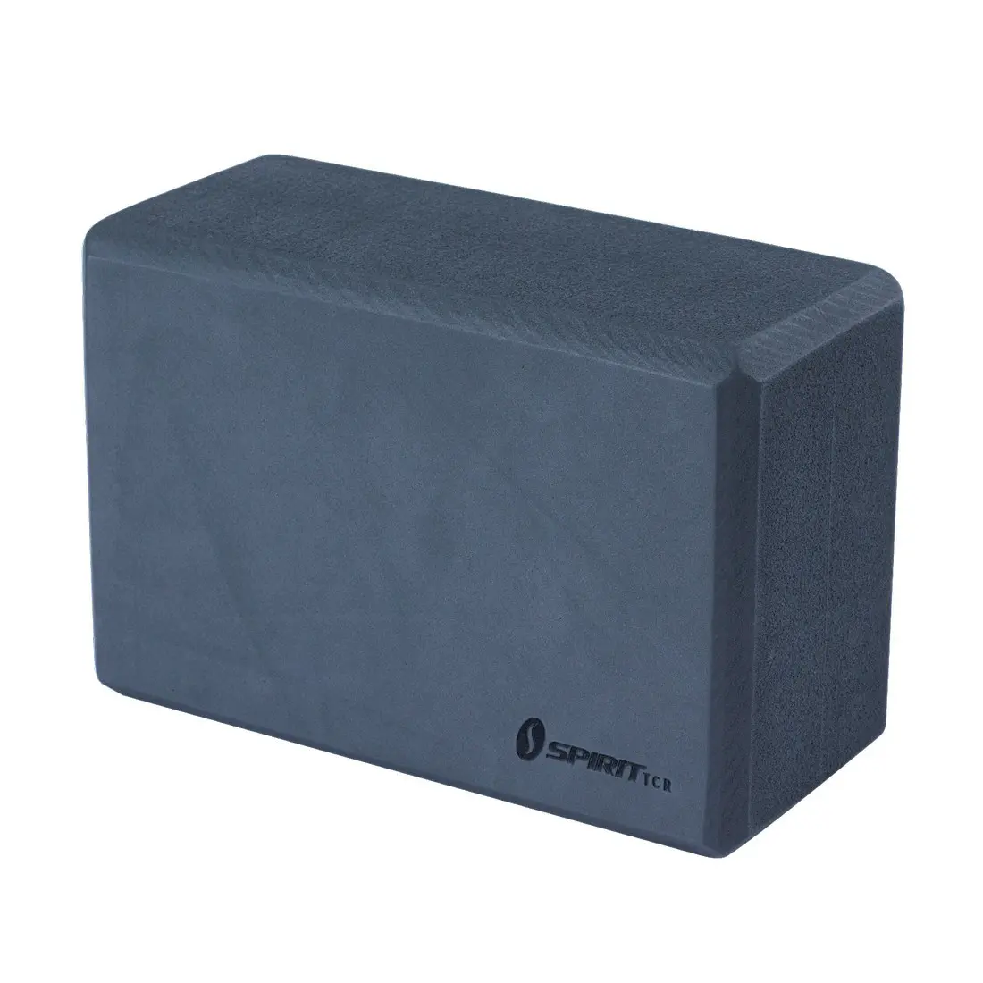 Bloque de yoga Spirit de espuma dura, color gris oscuro, dimensiones 23x15x10 cm, ligero y rectangular, con esquinas redondeadas y logotipo “Spirit TCR” impreso en una cara, ideal para yoga y pilates.