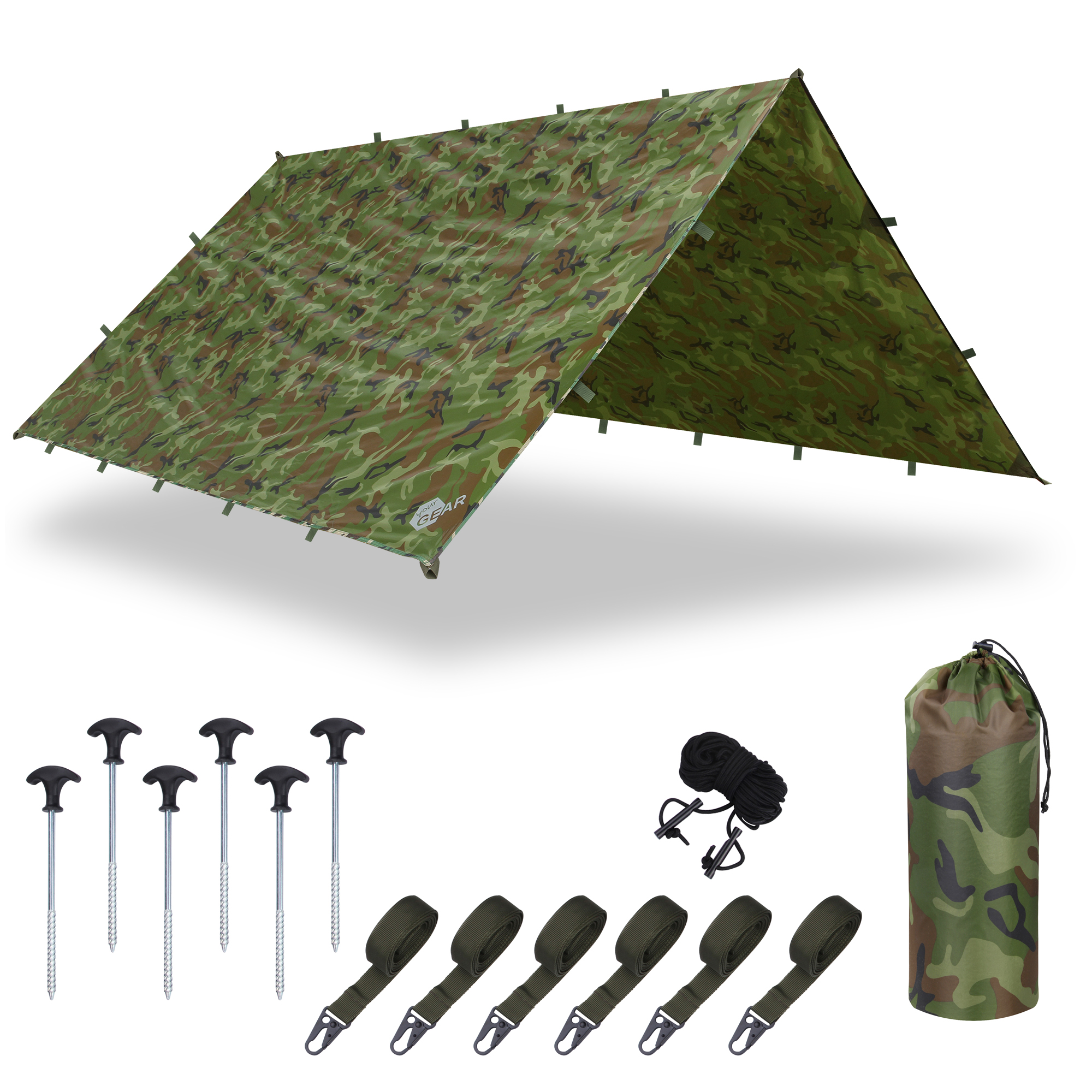 Wasserdichtes yourGEAR Bushcraft Tarp 3x3 in Camouflage-Optik mit Heringen, Spannleinen, Karabinern und Packsack – ideal als Schutzdach, Regendach oder Sonnensegel für Outdoor, Camping und Survival.