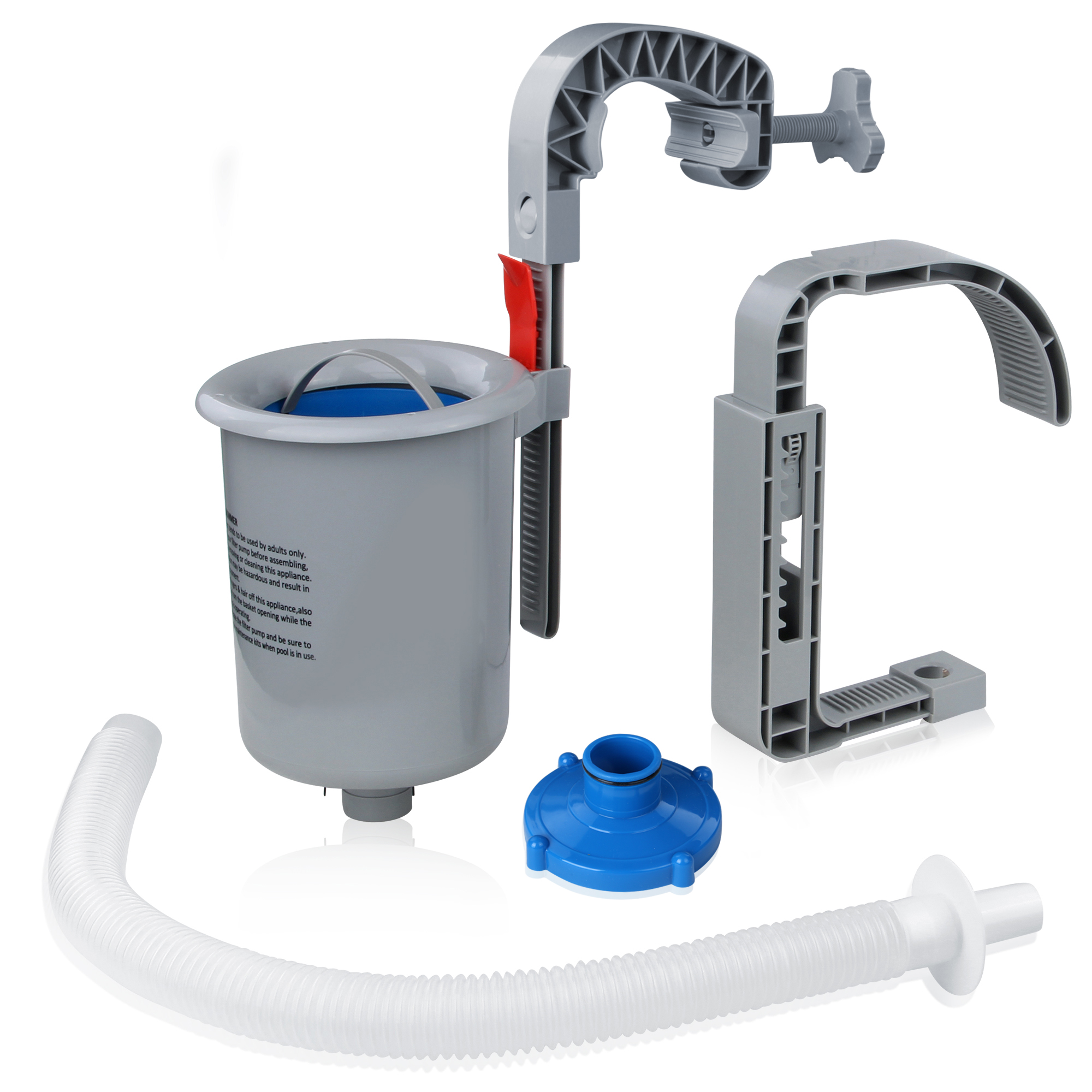 your GEAR Skimmer Duo pool surface skimmer set, includes grey skimmer basket, adjustable mounting brackets, flexible white hose, and blue adapter, suitable for steel frame and inflatable ring pools.