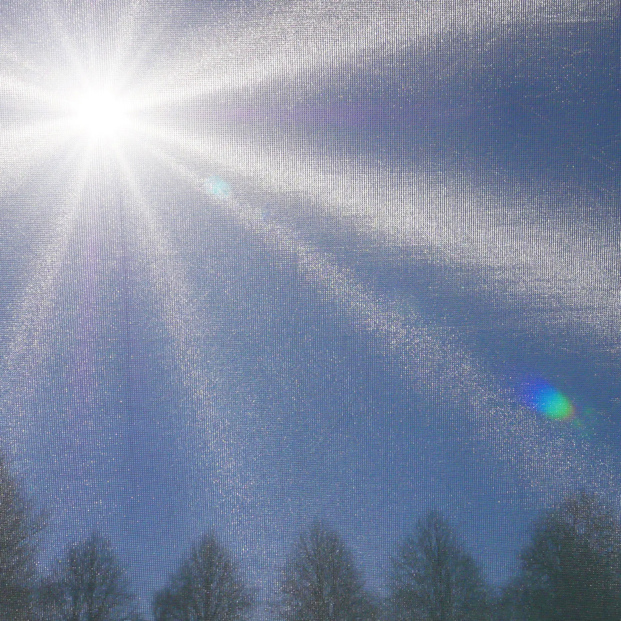 Paroi frontale your GEAR Capri Sun Blocker 2,4 x 2 m en tissu spécial, montrée filtrant la lumière du soleil tout en offrant une vue diffuse sur le ciel bleu et des arbres, idéale pour l’ombre et la protection solaire.