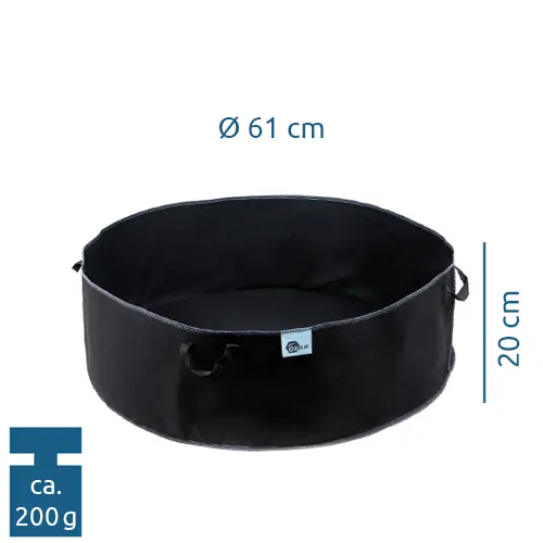 Sacco per piante yourGEAR Grow Bag da 60L, tondo, in tessuto non tessuto nero con manici, diametro 61 cm, altezza 20 cm, leggero e traspirante, ideale per coltivare piante su balconi o giardini.