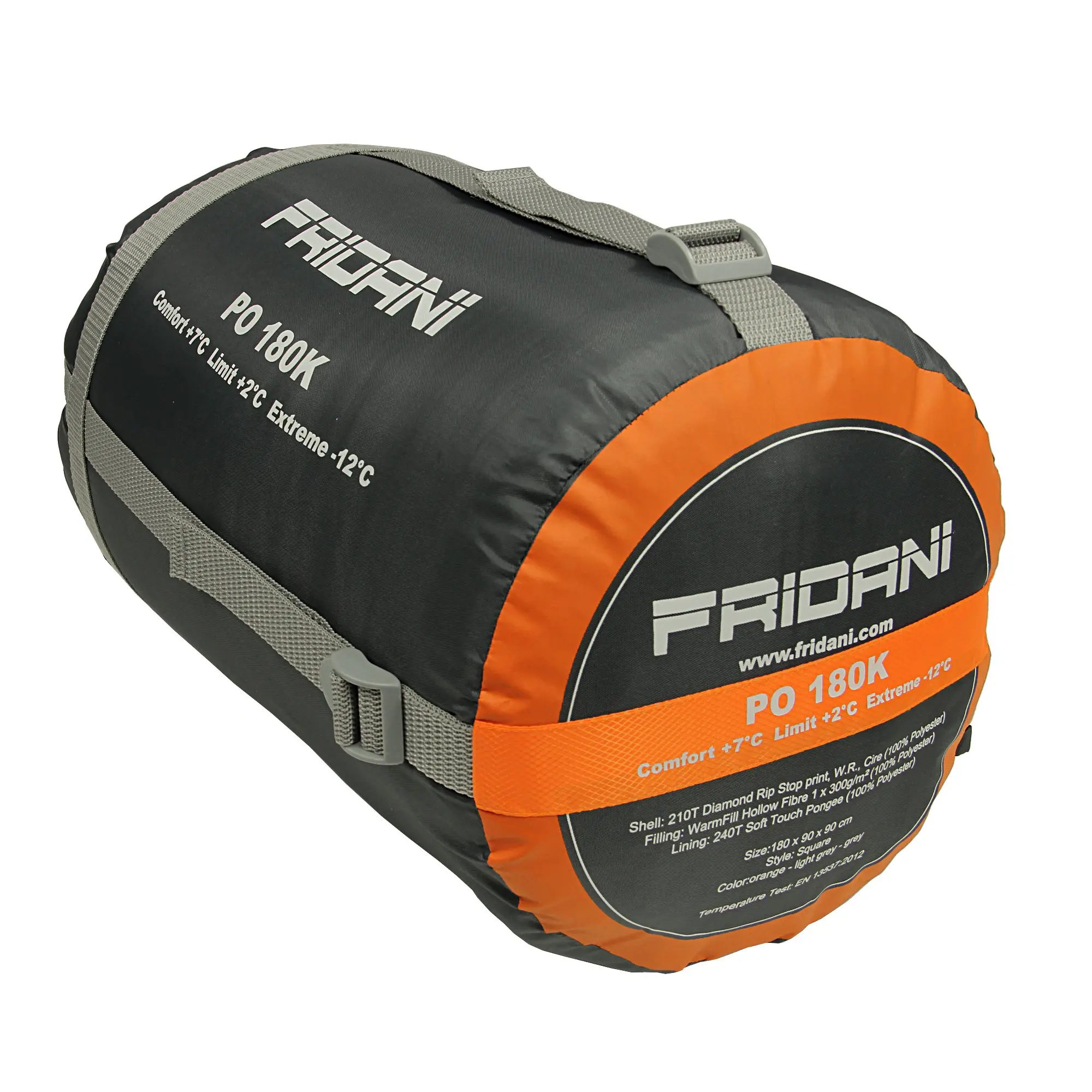 Sacco a pelo Fridani PO 180K nero e arancione, compresso nella sua custodia con cinghie, adatto per temperature fino a -12°C.