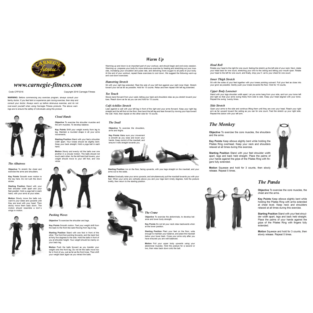 Carnegie Fitness Set mit Gymnastikball, zwei Gewichtsbällen, Pilatesring und gepolsterter Yoga-Matte; Bild zeigt Übungen und Anleitung für Workout, geeignet für Yoga, Pilates und Fitness zuhause.