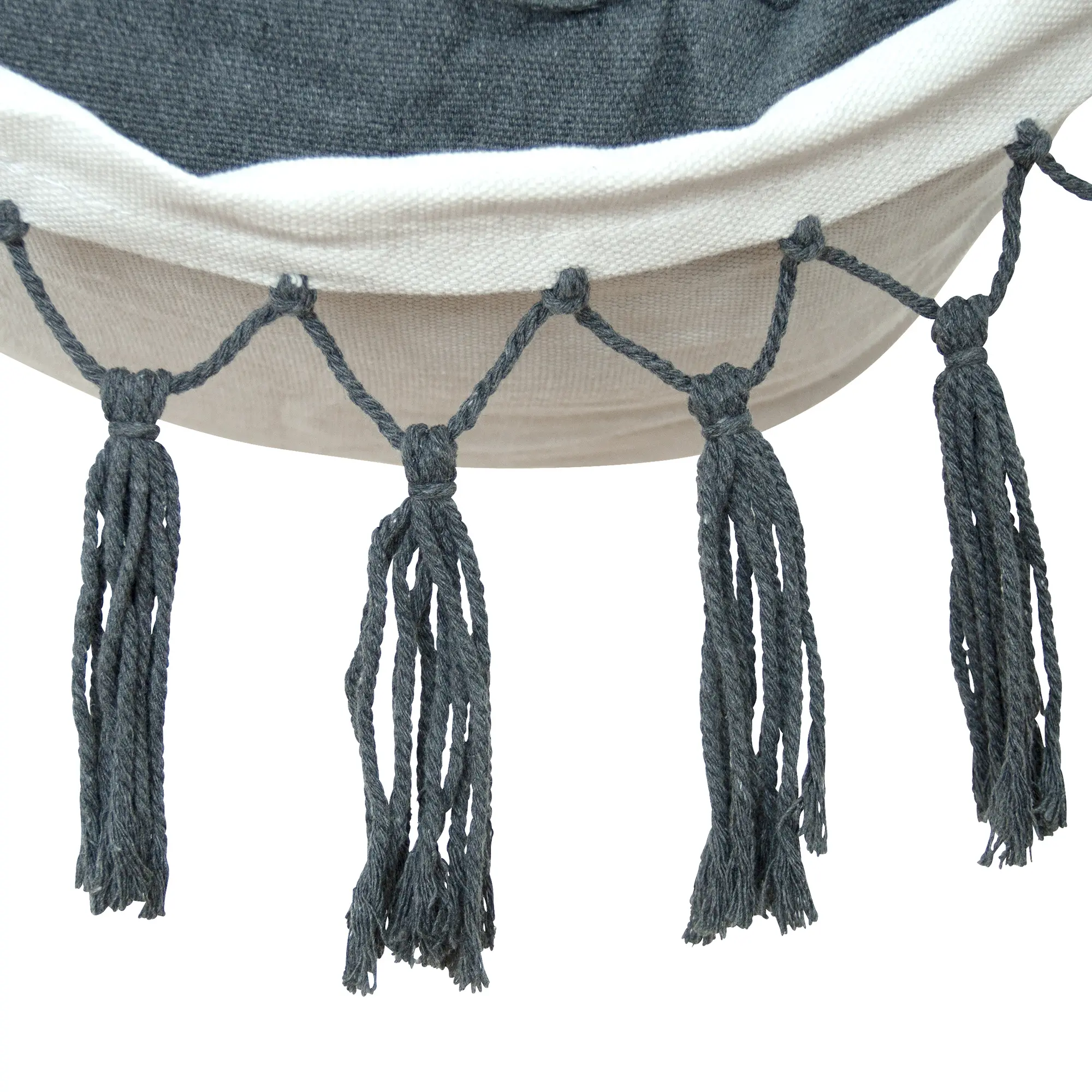 Detail view of yourGEAR Elba XL hanging chair with sturdy dark grey cotton tassels and beige fabric edge, highlighting the hammock’s decorative fringe and robust material. Perfect for indoor or outdoor relaxation.