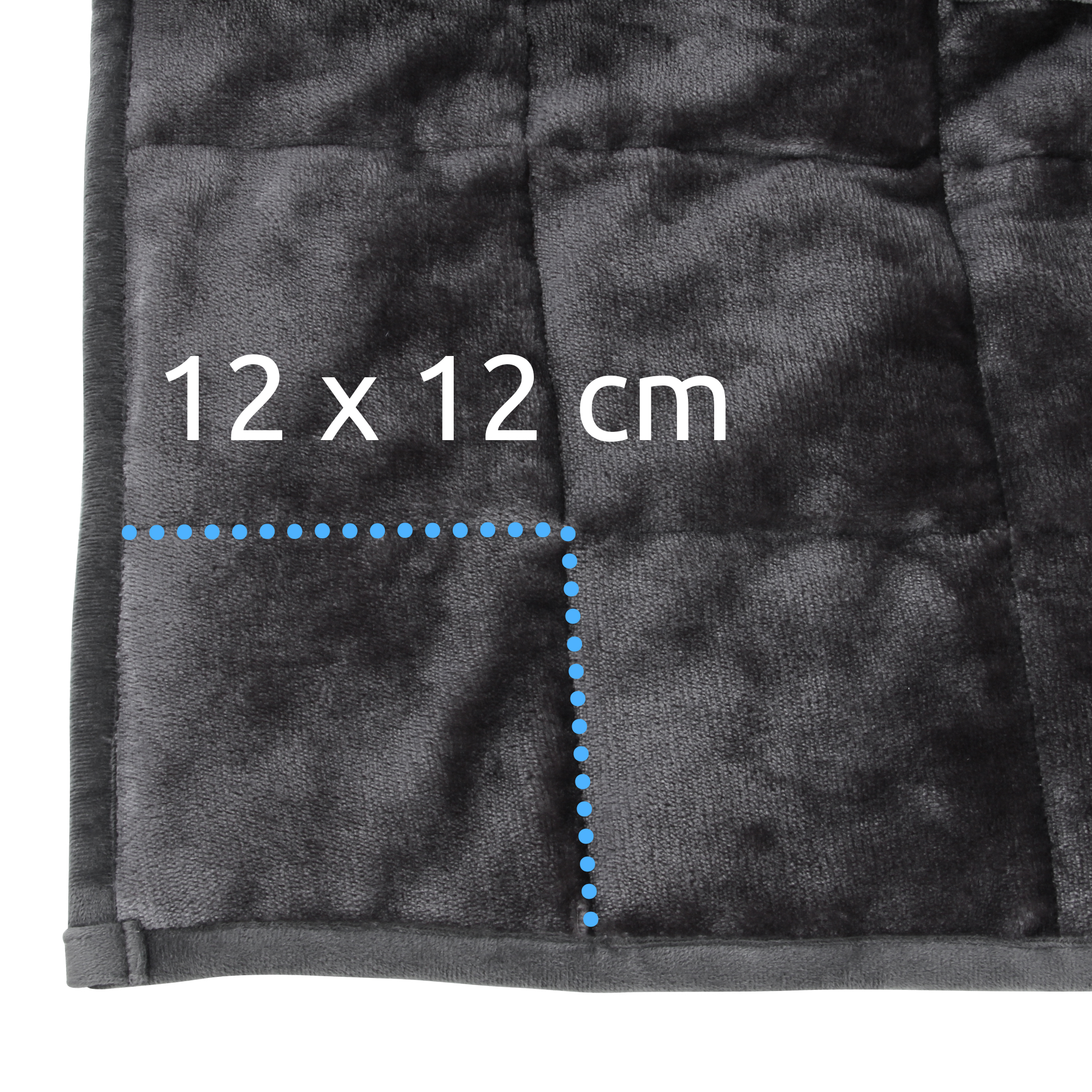 Close-up of yourGEAR Cameri weighted therapy blanket, dark grey velour fabric, quilted with 12 x 12 cm stitched squares, soft texture, designed for deep pressure stimulation, size 135x200 cm, 6 kg.