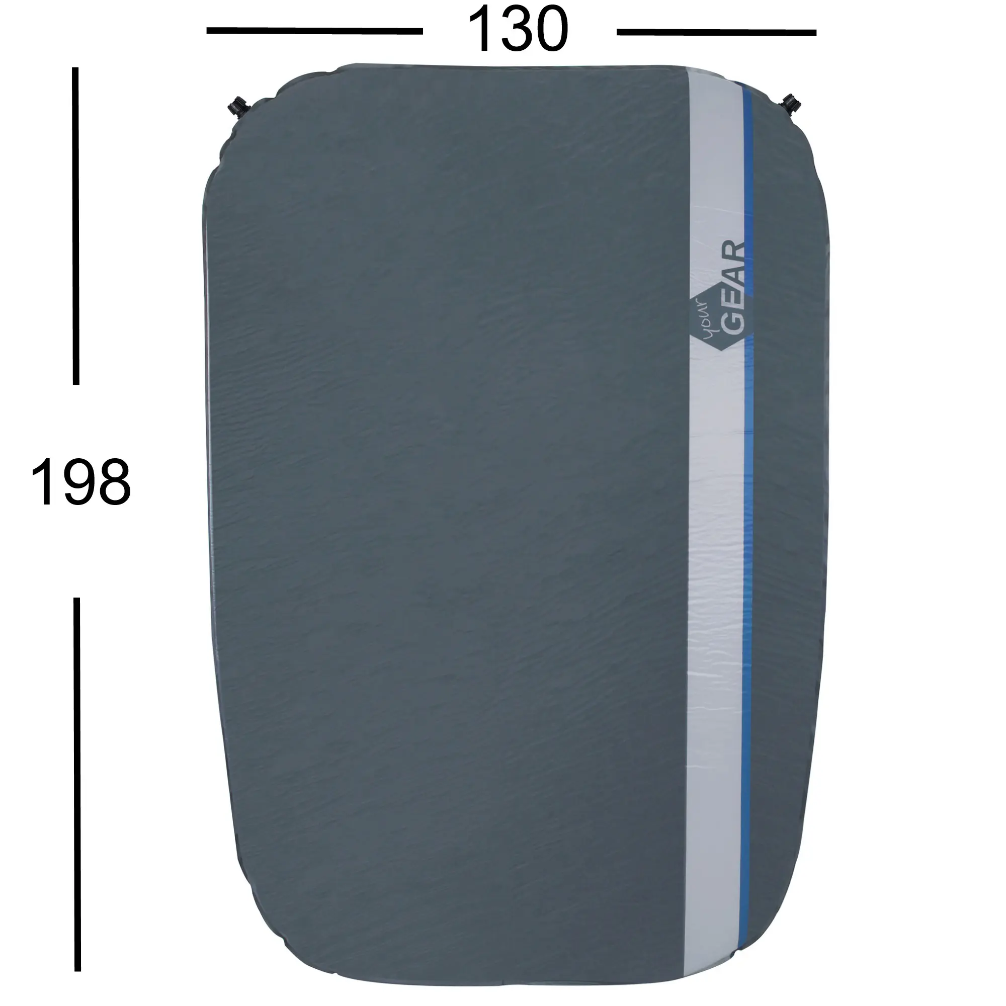 your GEAR ISO Duo Max selbstaufblasbare 2 Mann Isomatte, 198x130x7 cm, dunkelgrau mit seitlichem Streifen und Logo, rechteckige Form, zwei Ventile sichtbar, Campingmatte für zwei Personen.
