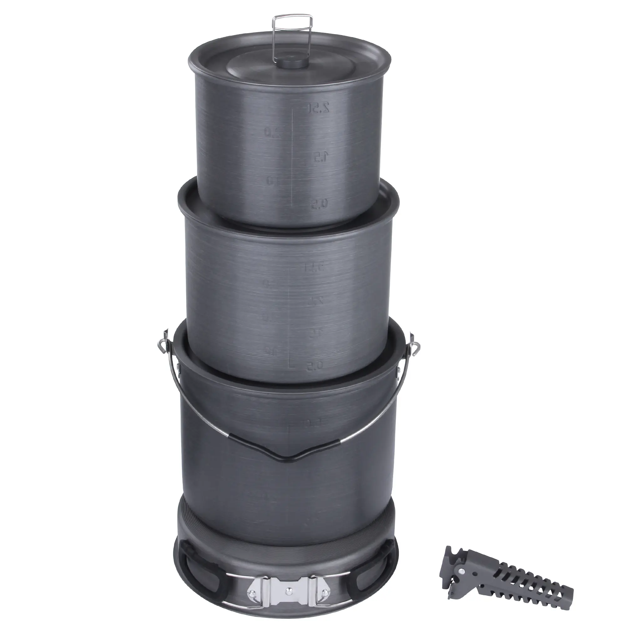 Set di pentole da campeggio 10T Ranger VI+ per 6-10 persone, composto da tre pentole impilabili in alluminio con coperchio, manico pieghevole e pinza, ideale per cucinare all’aperto.