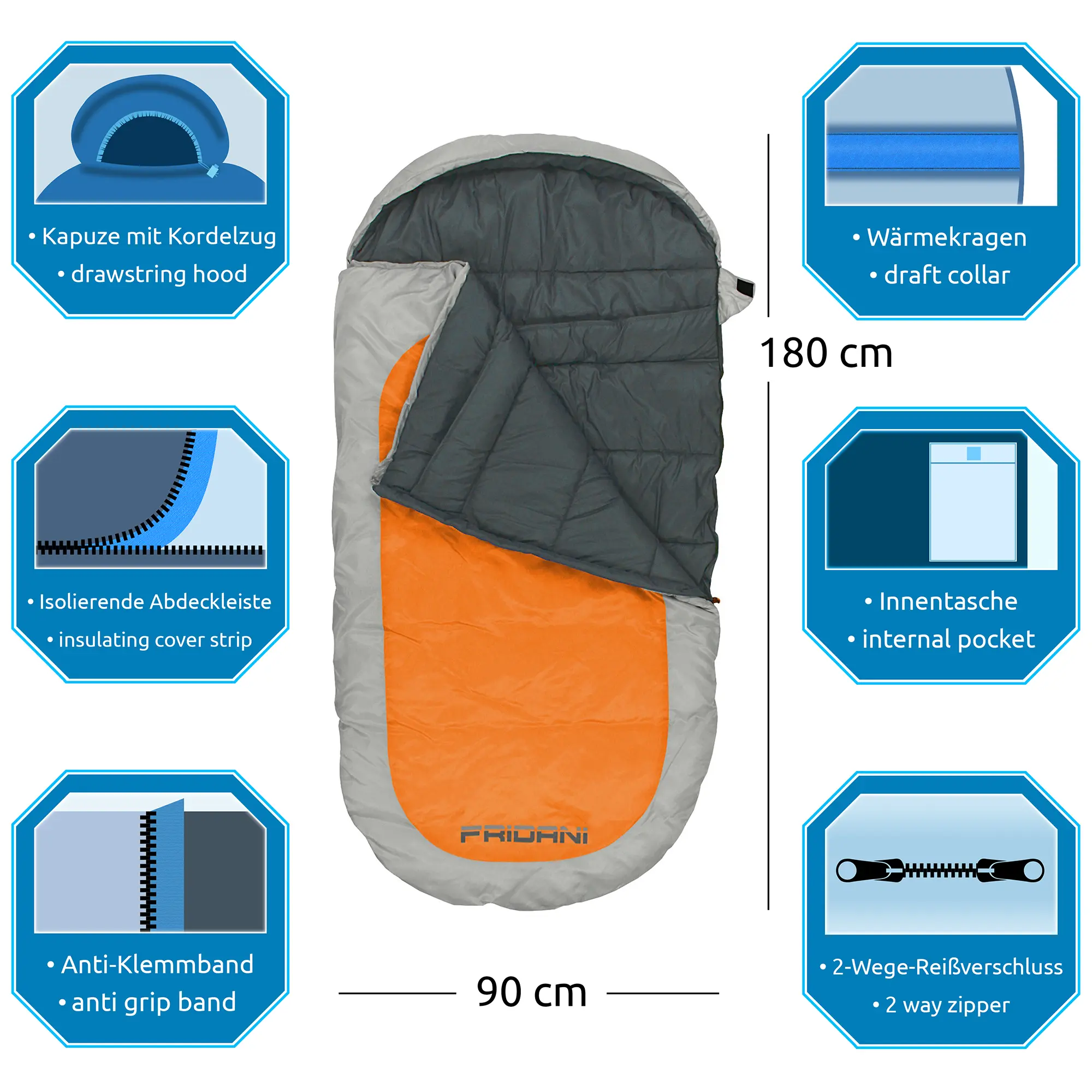 Sacco a pelo arancione e grigio, dimensioni 180x90 cm, con cappuccio, colletto termico, tasca interna, striscia isolante, banda anti-bloccaggio e cerniera a due vie, caratteristiche illustrate ai lati.