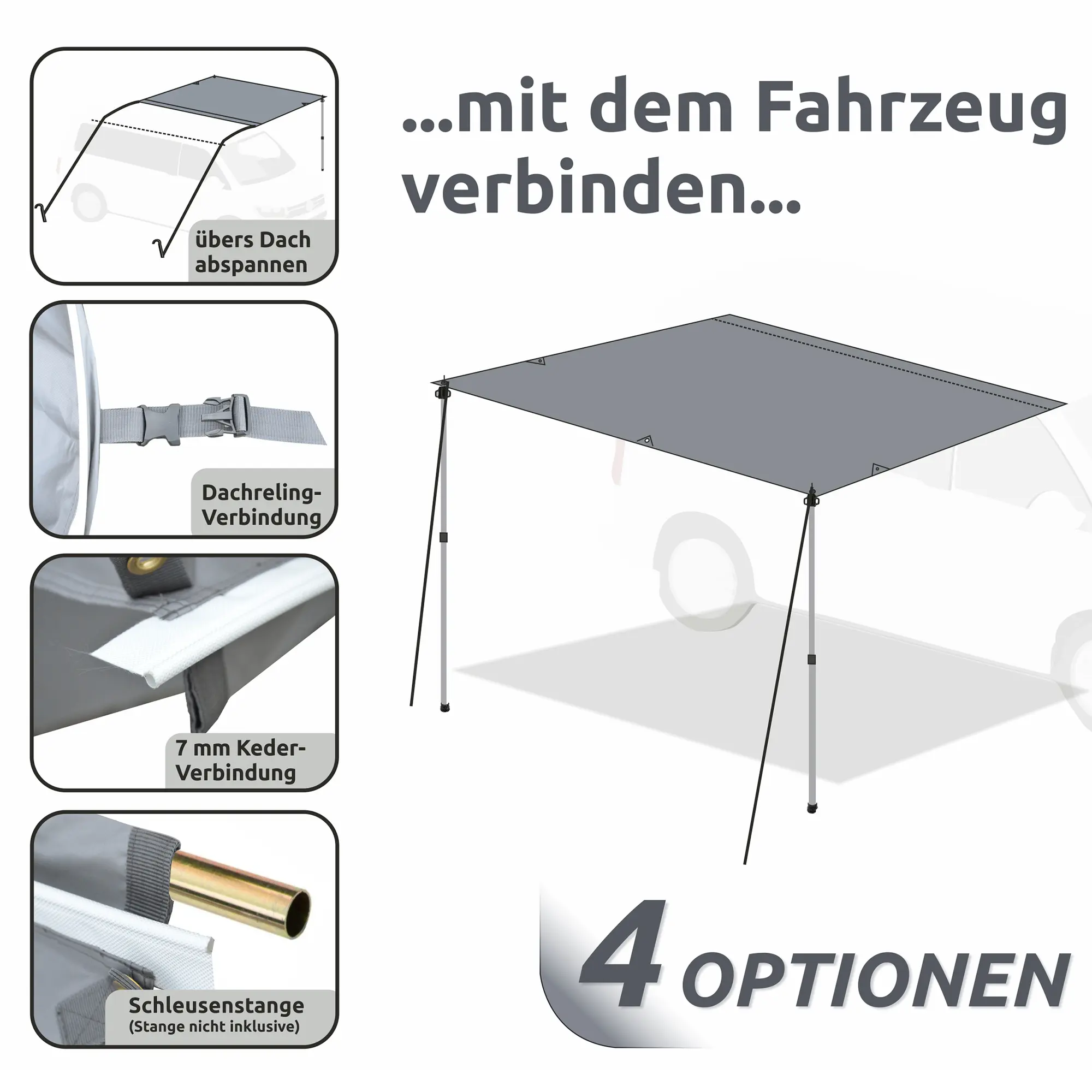Tarp yourGEAR 260 x 240 cm gris pour camping-car, avec 2 mâts télescopiques en aluminium, fixation au véhicule possible via sangles, barres de toit, rail de 7 mm ou barre d’adaptation, protection UV 50+.