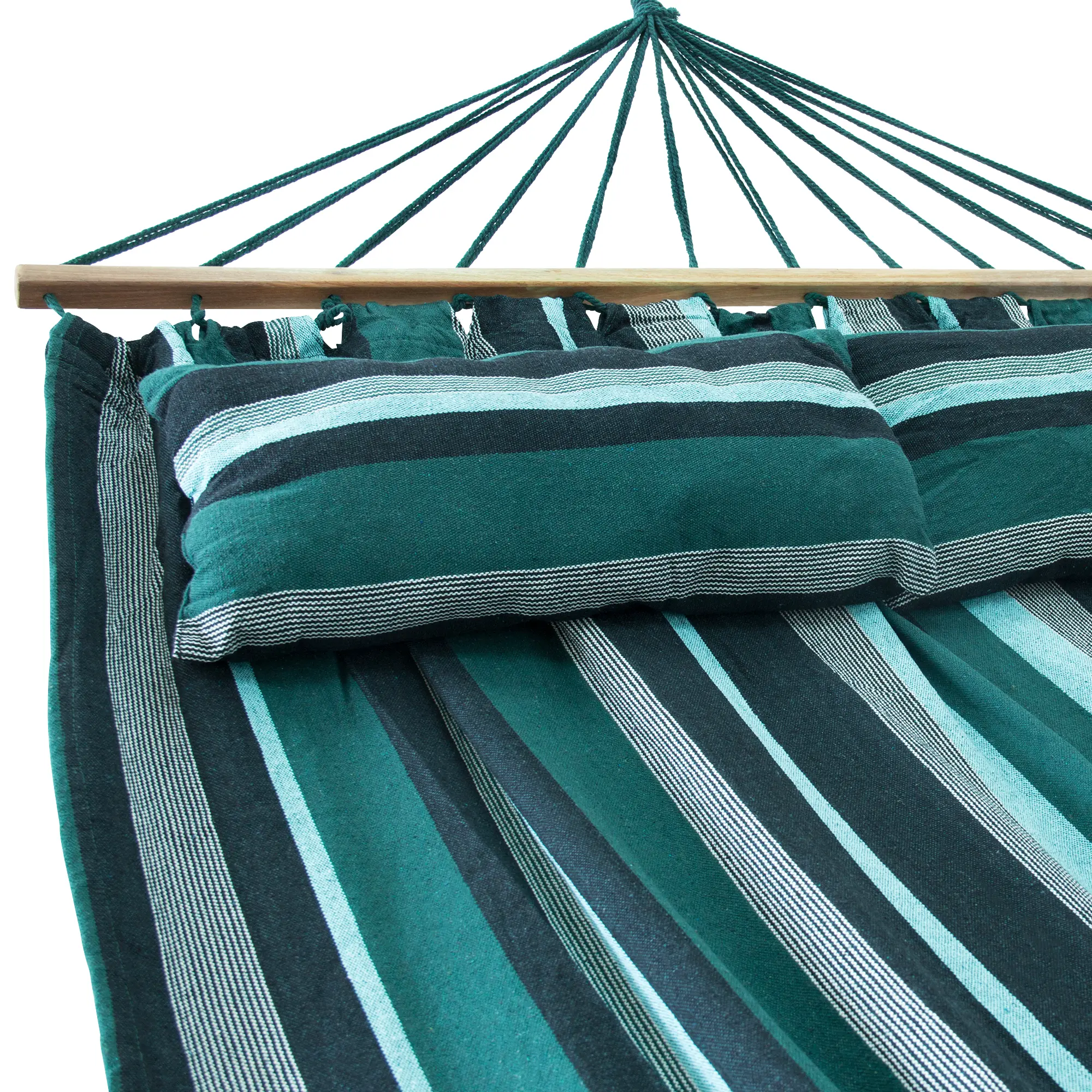 yourGEAR Kauai Smaragd hammock 240x160cm for 2 people, green striped cotton fabric, includes 2 matching cushions and wooden spreader bar, TÜV certified for 300kg load capacity. Ideal for indoor and outdoor relaxation.