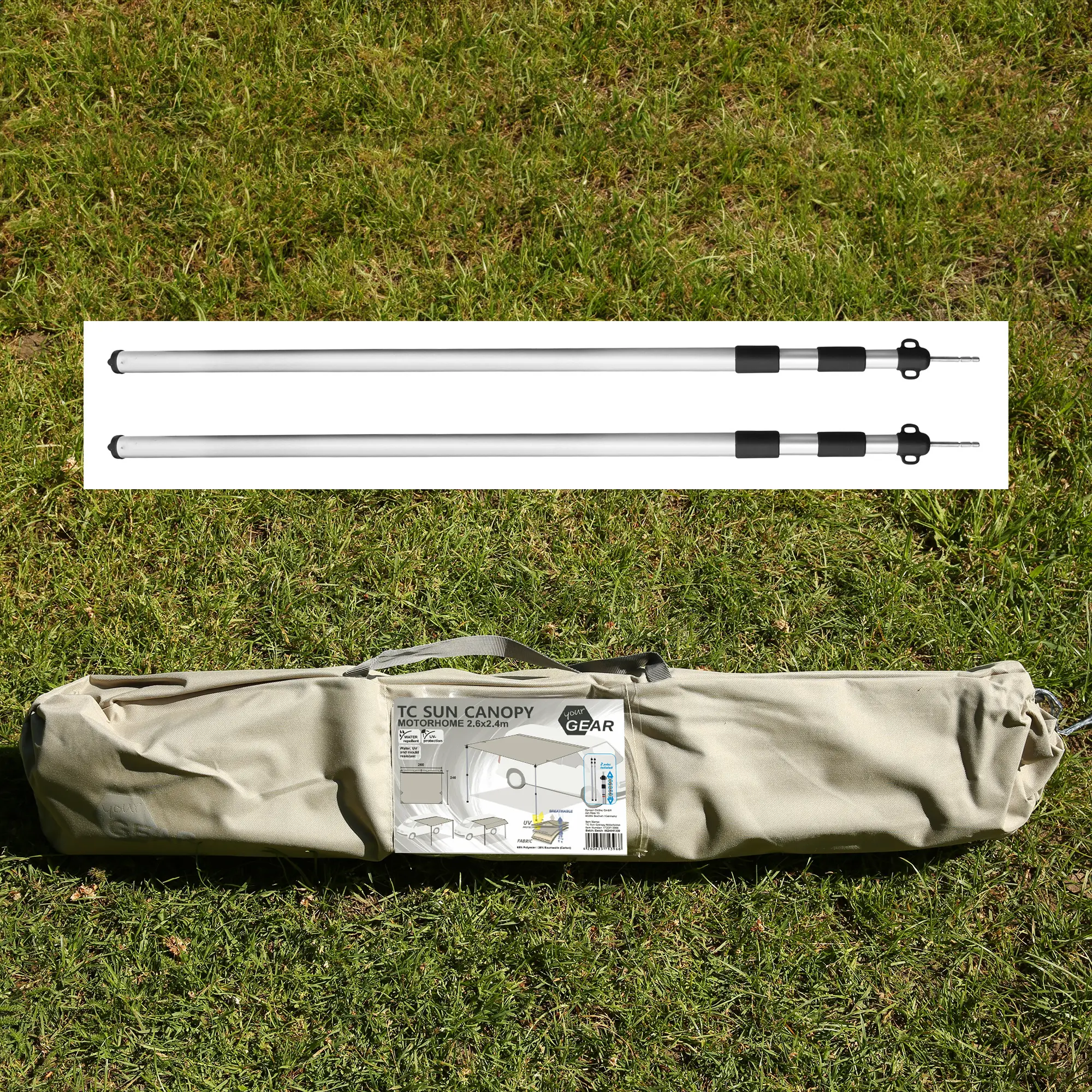 Telo per camper your GEAR TC 260x240 cm in cotone misto, con due pali telescopici in alluminio e borsa da trasporto beige, ideale come tendalino parasole per bus, van e auto.