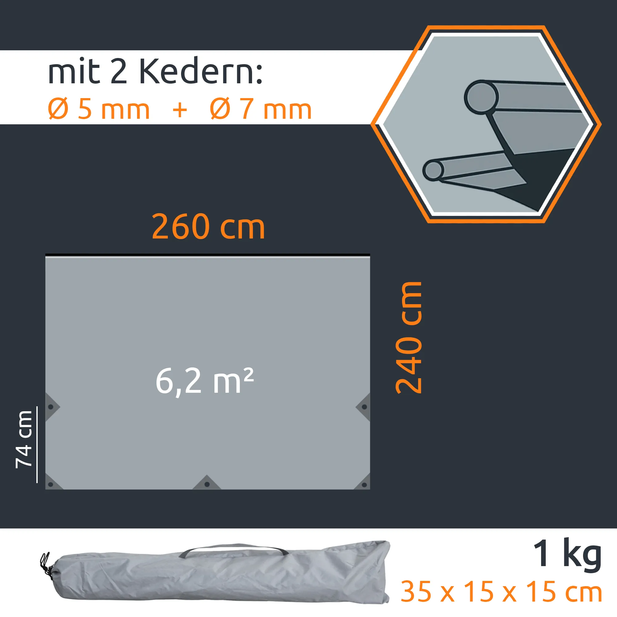 Bâche solaire your GEAR Cavoli 260x240 cm gris clair, surface 6,2 m², bordures avec 2 jonc Ø5/Ø7 mm, œillets renforcés aux coins, livrée pliante en housse (35x15x15 cm), protection UV 50+ adaptée fourgon/camping-car.