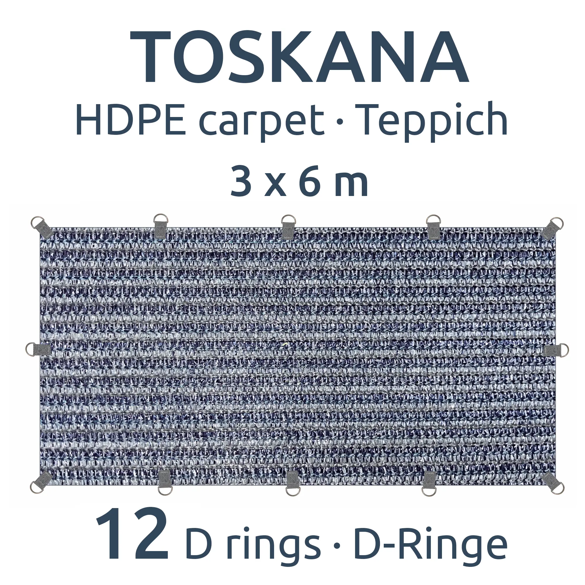 Tapis de tente your GEAR Toskana 300 x 600 cm en HDPE, gris bleu, avec 12 anneaux en D pour la fixation. Surface résistante, respirante et facile à nettoyer, idéal pour le camping.