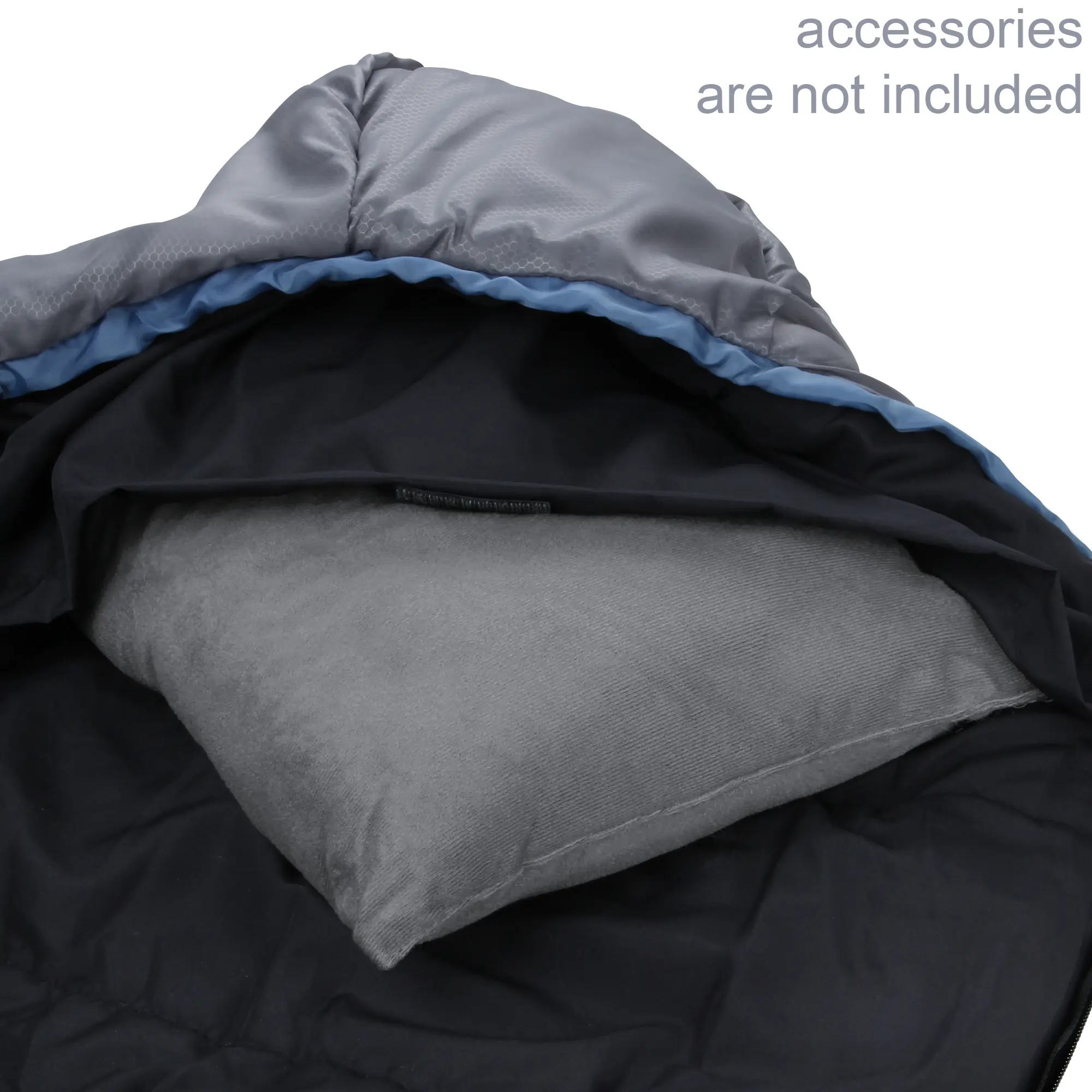 yourGEAR Schlafsack Pali -3°C, Mumienschlafsack in Grau und Blau, 220x75cm, leicht, mit Kapuze; Detailansicht des Innenraums mit grauem Kissen, Zubehör nicht enthalten.