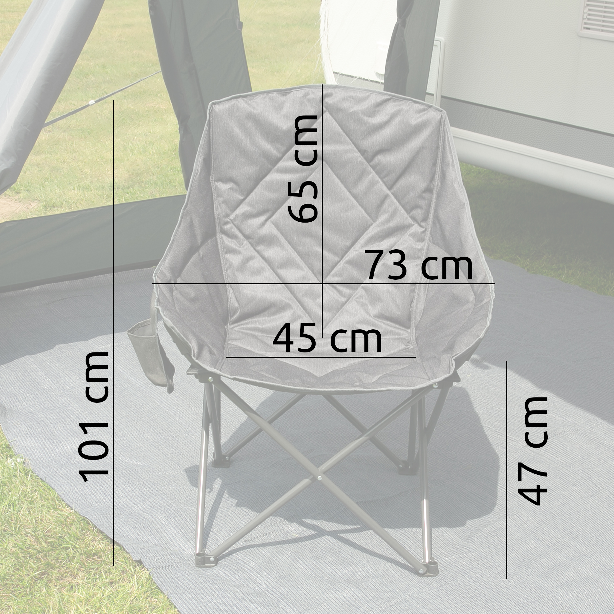 your GEAR Imola XXL camping chair, padded and extra wide with high backrest, two-tone design, sturdy steel frame, foldable, cup holder, visible dimensions: 101x73x65x47x45 cm, suitable for outdoor use.