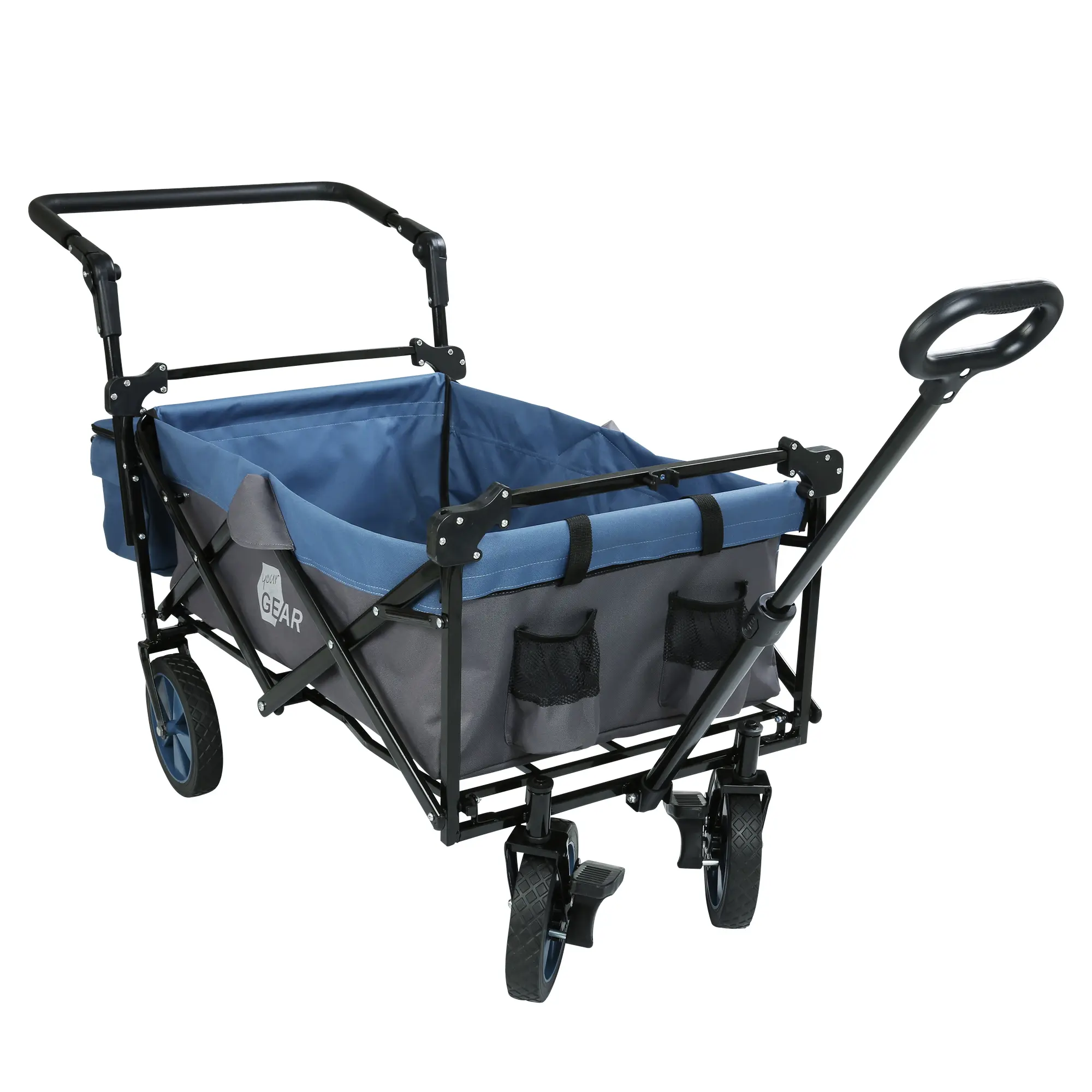 Carro plegable your GEAR Cirrus XL azul y gris con estructura negra, ruedas de goma, frenos, barra de tiro larga y bolsillos laterales. Capacidad máxima de 80 kg, ideal para camping y actividades al aire libre.