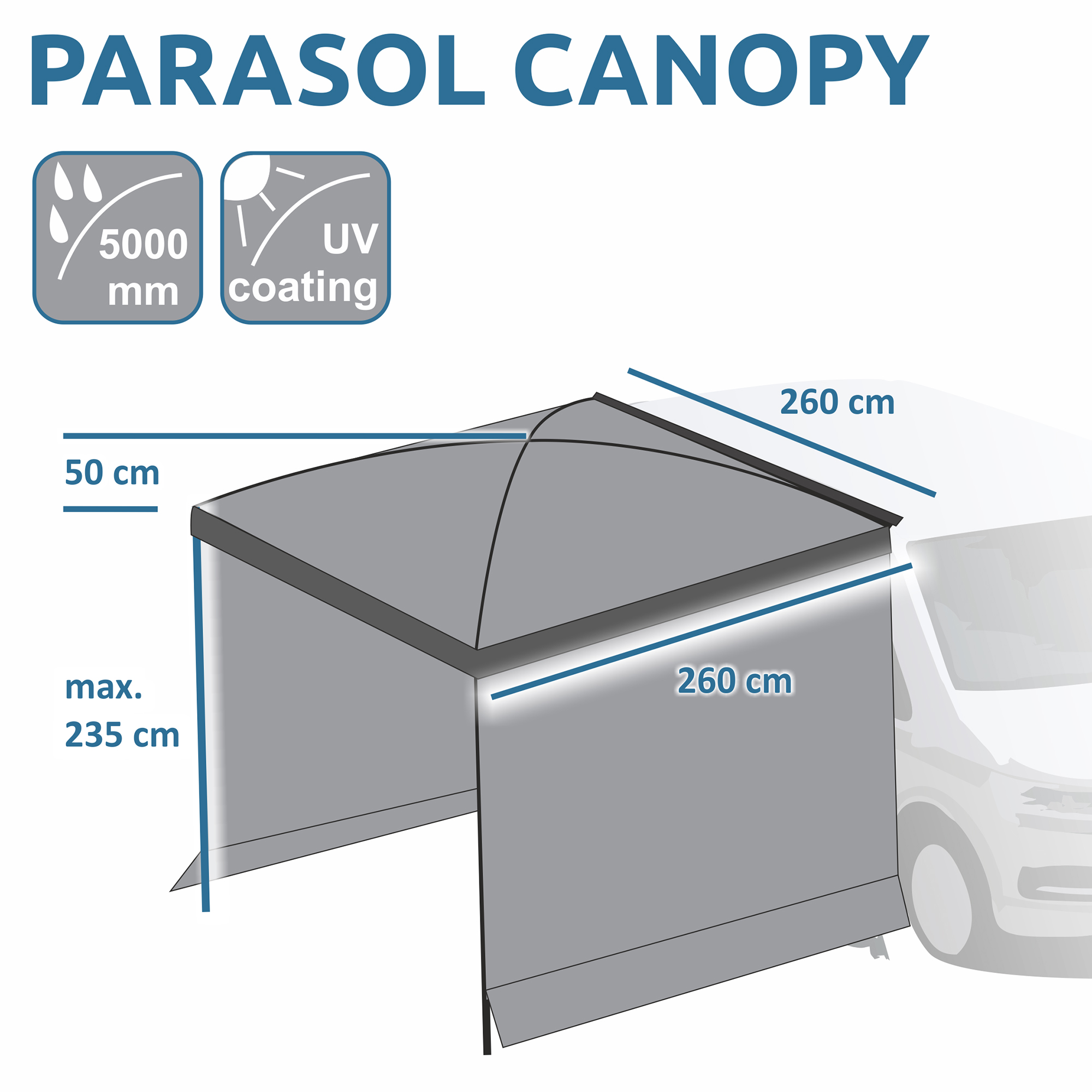 Tenda parasole your GEAR per Bulli e Multivan, dimensioni 260x260 cm, altezza max 235 cm, con 2 pareti laterali, impermeabile 5000 mm e protezione UV, adatta a camper e van.