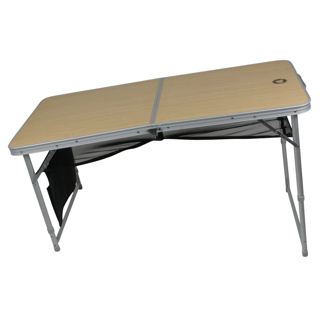 Table de camping pliant 10T pour 4 personnes, structure en aluminium, plateau effet bois, pieds rabattables, avec filet de rangement sous la table. Idéal pour pique-nique et camping en famille.