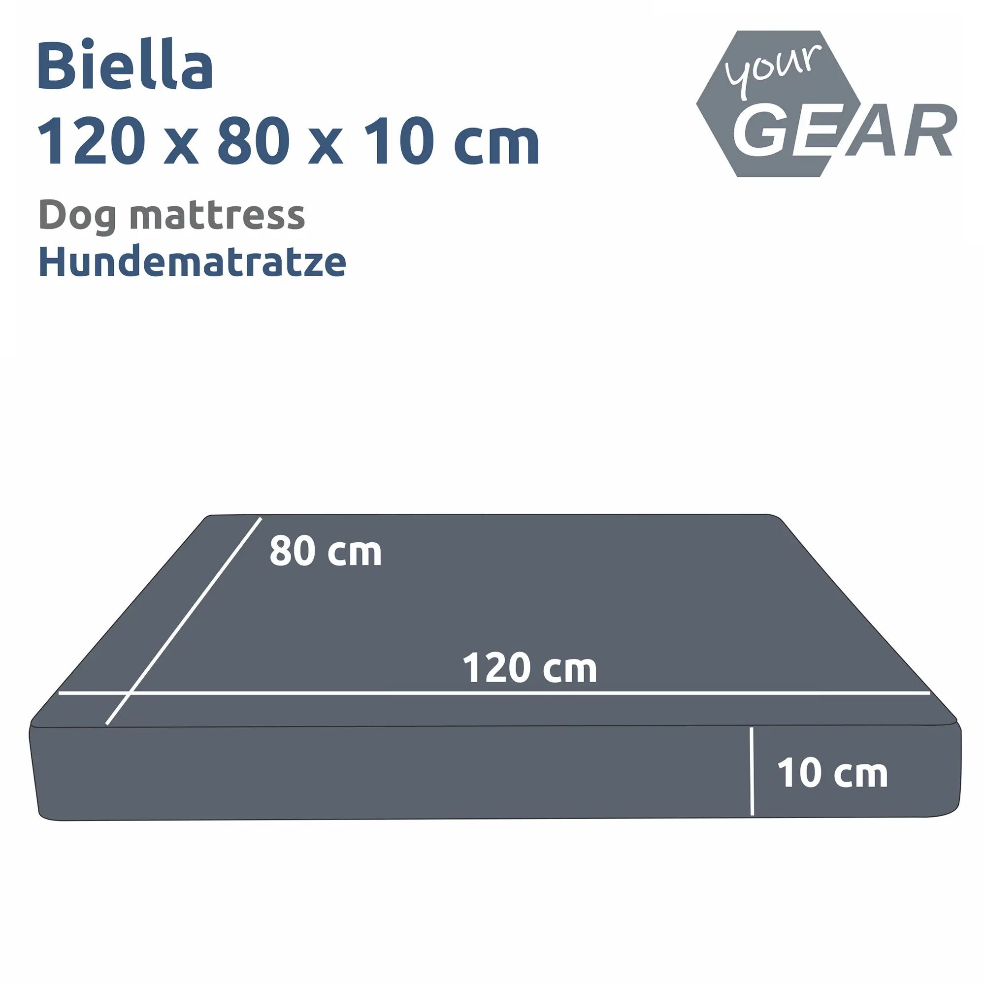 Matelas orthopédique pour chien your GEAR Biella, dimensions 120x80x10 cm, forme rectangulaire, couleur gris foncé, lavable en machine, idéal pour le confort et le soutien des chiens, logo your GEAR visible.