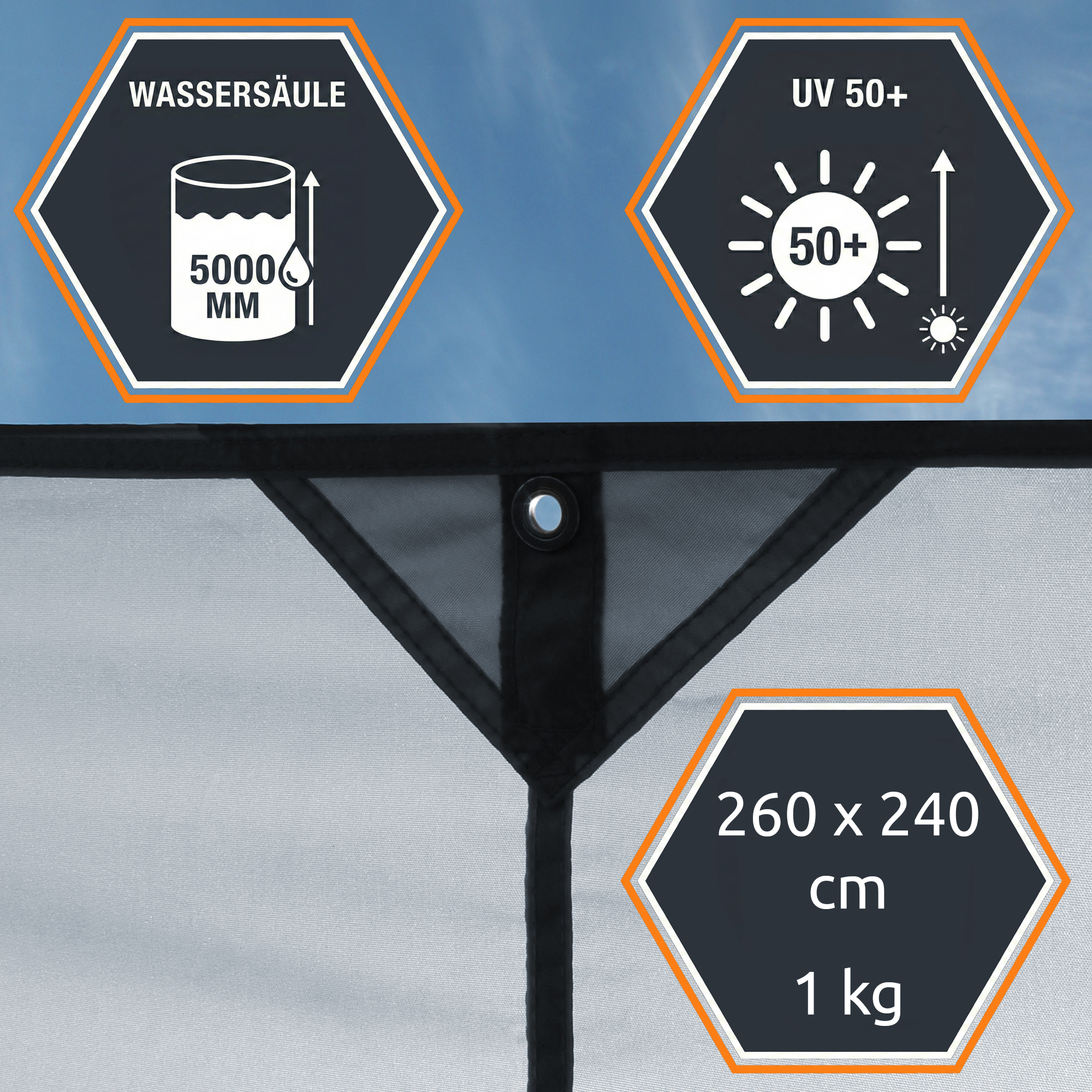 Tarp de soleil your GEAR Cavoli 260x240 cm gris clair avec œillets renforcés, coutures noires, protection UV50+ et imperméabilité 5000 mm, léger (1 kg), conçu pour vans, bus et camping.