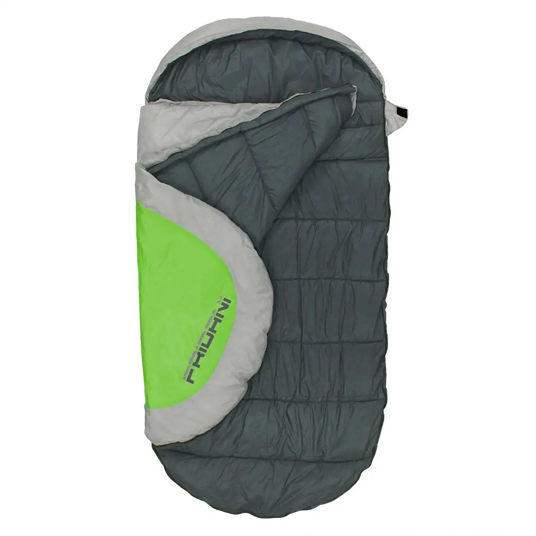 Gray and green sleeping bag with a partially opened top, showing quilted interior and the brand name "FRIDANI" printed on the green outer section.