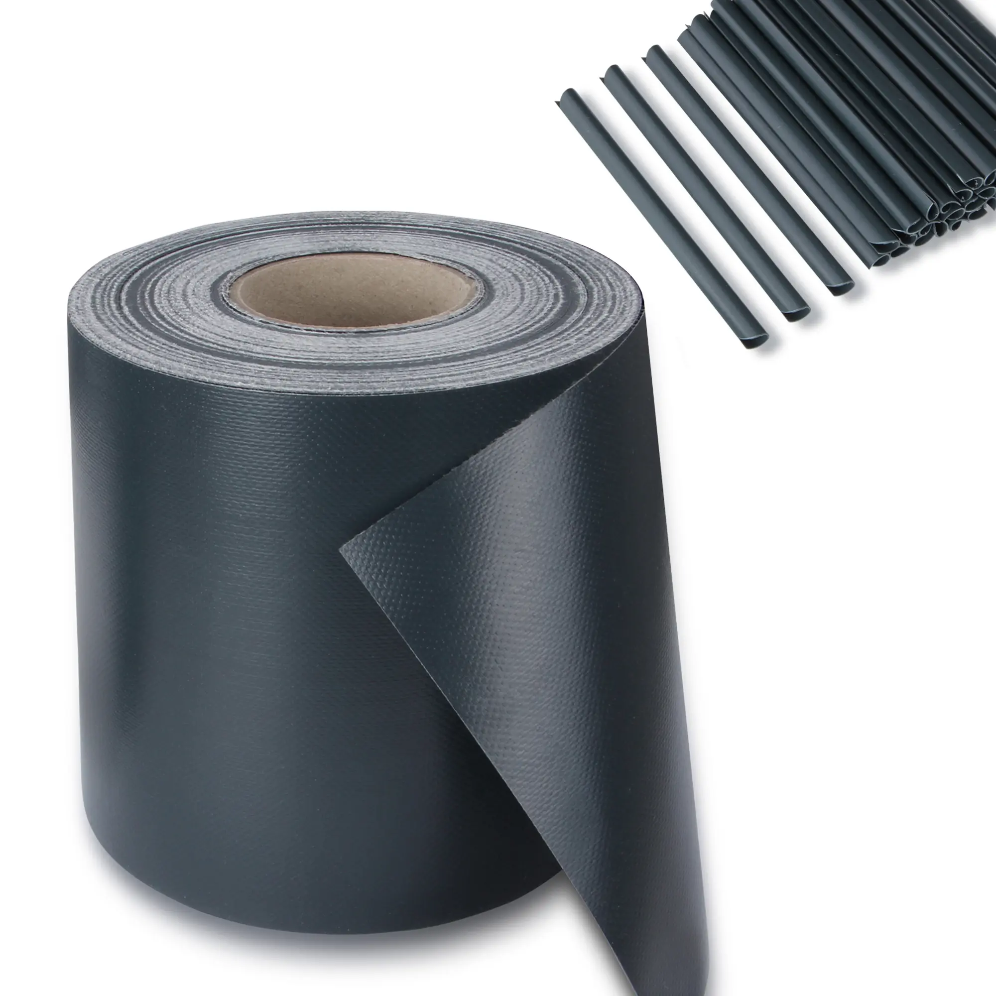 Rollo de tira de PVC reforzado yourGEAR de 50 m x 19 cm en color gris oscuro, con textura visible y 40 clips para fijación, ideal como protección visual para cercas y jardines.
