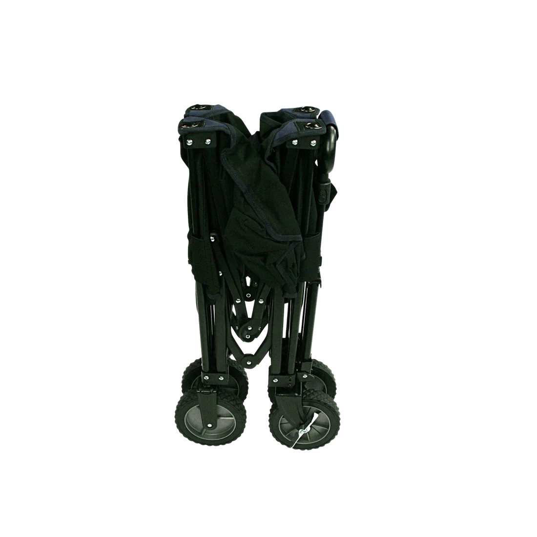 Carro plegable 10T Foldy Trolley XL de color negro, compacto, con estructura metálica y ruedas robustas, ideal para playa o parque; se muestra completamente doblado y listo para transportar con funda.