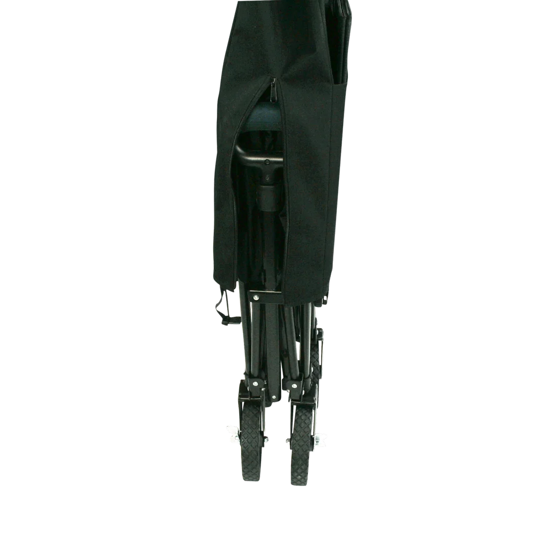 Carro plegable 10T Foldy Trolley XL para playa, en posición cerrada con funda de transporte negra, estructura metálica y ruedas robustas visibles, ideal para transportar carga en exteriores.
