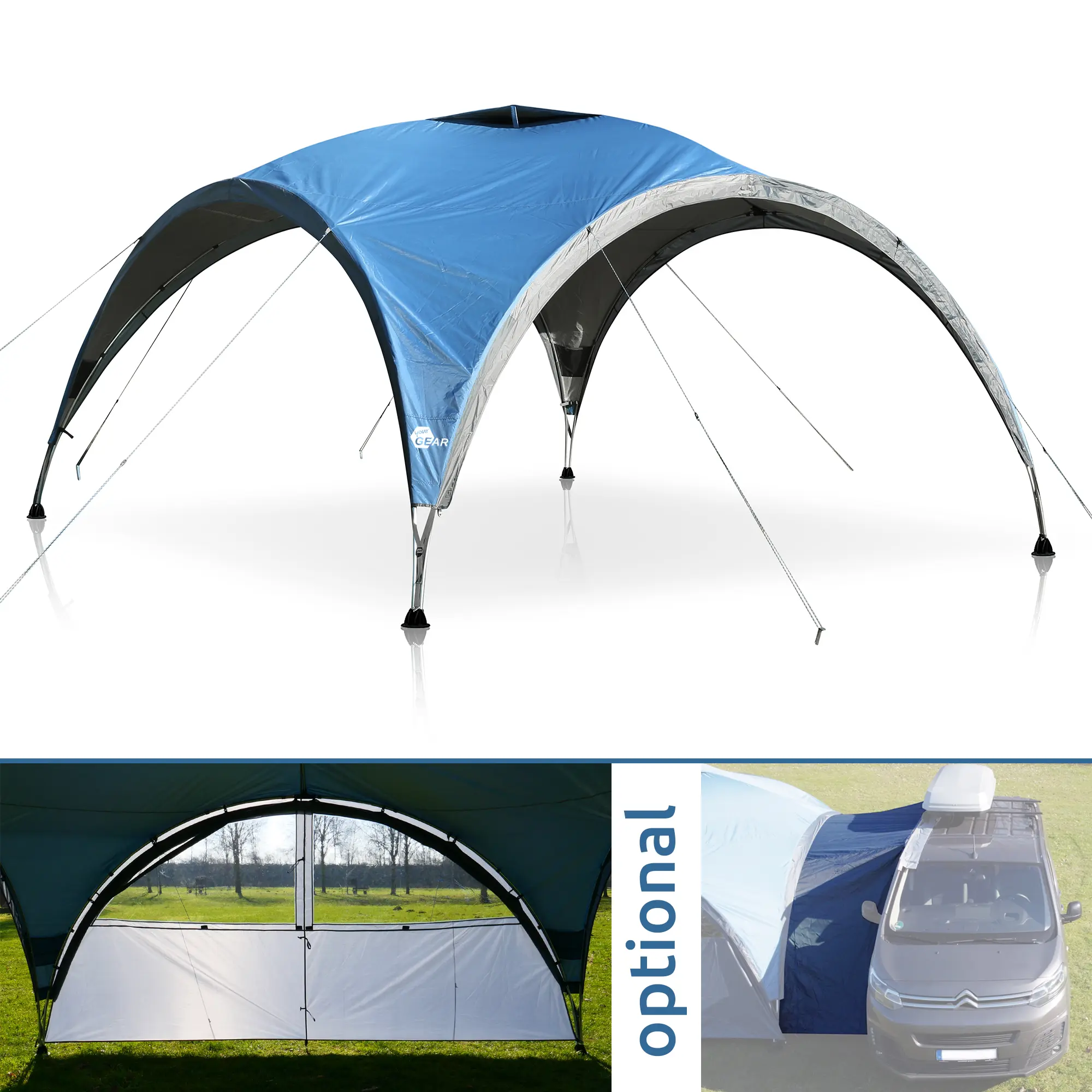 Large blue your GEAR Bergamo 430 event pavilion, 430x430x230 cm, with steel frame, UV 50+ waterproof Oxford fabric, shown with optional side walls and connection tunnel for camper or bus.