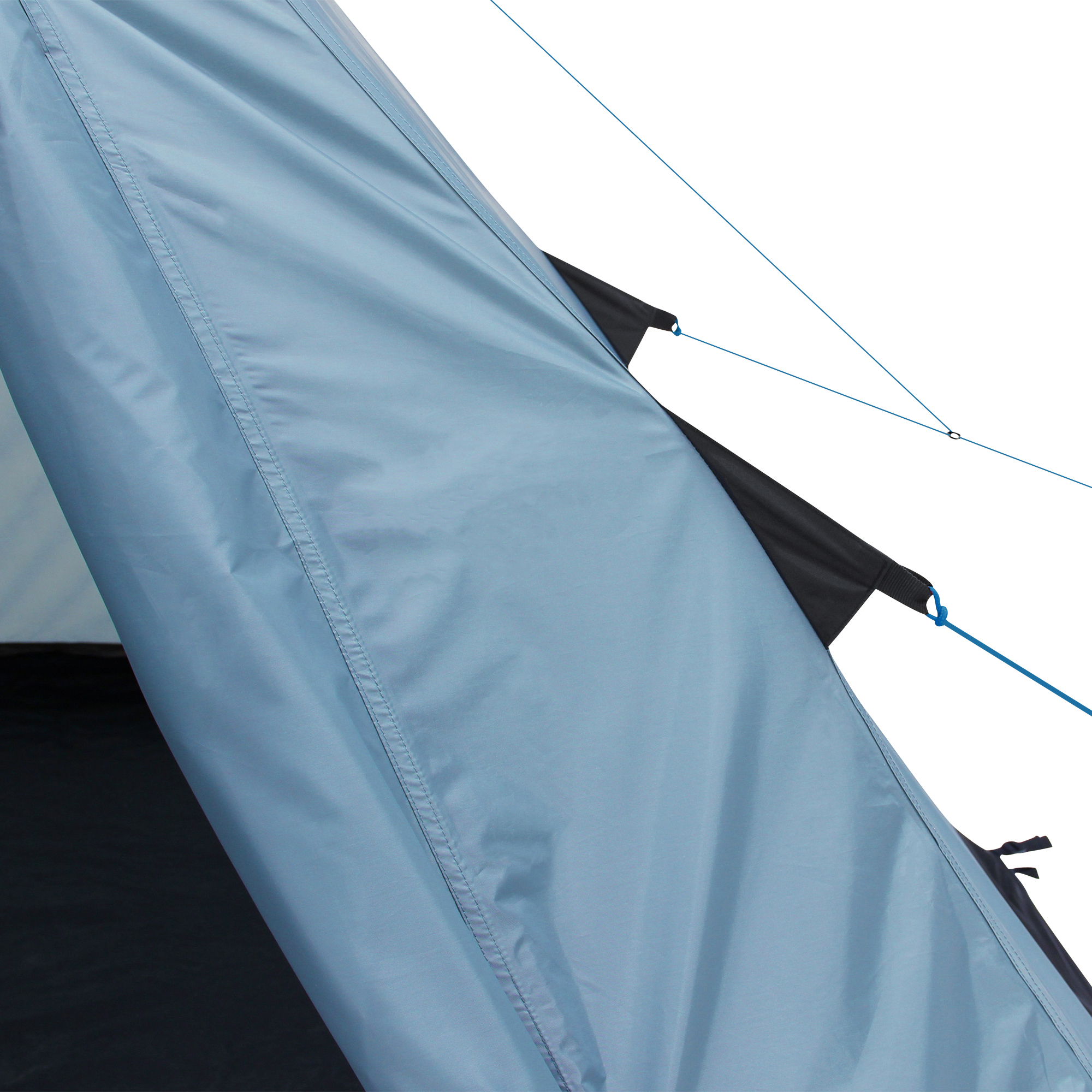 Detail view of the your GEAR Lido 290 tipi tent showing the light blue waterproof outer material, black ventilation flap, blue guy lines, and part of the sewn-in bathtub floor for 3-person camping.