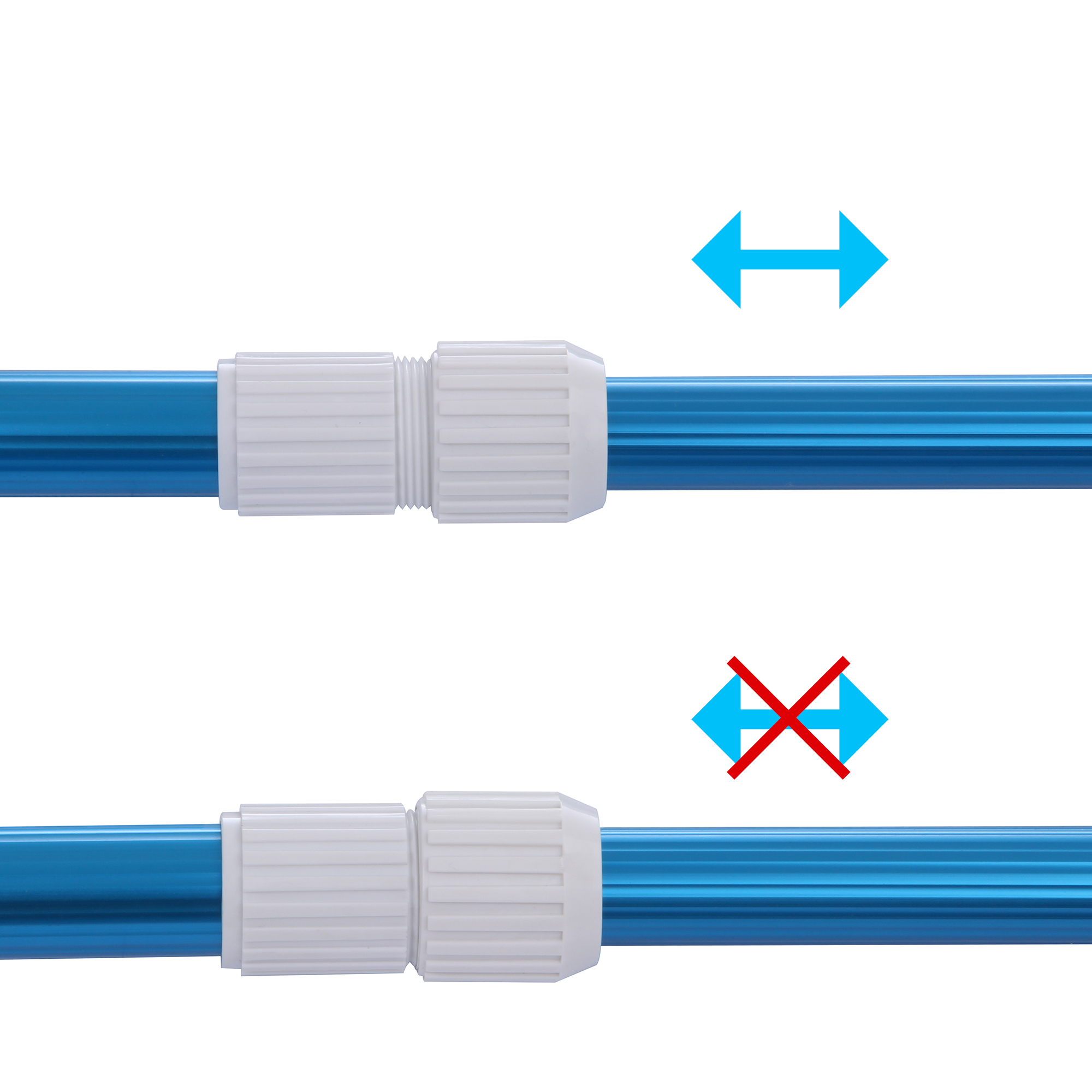 Tige télescopique Blueborn PPS-3x80 en aluminium bleu, 3 sections, longueur réglable de 100 à 240 cm, avec poignées blanches de verrouillage pour nettoyage de piscine, vue sur mécanisme d’ajustement.