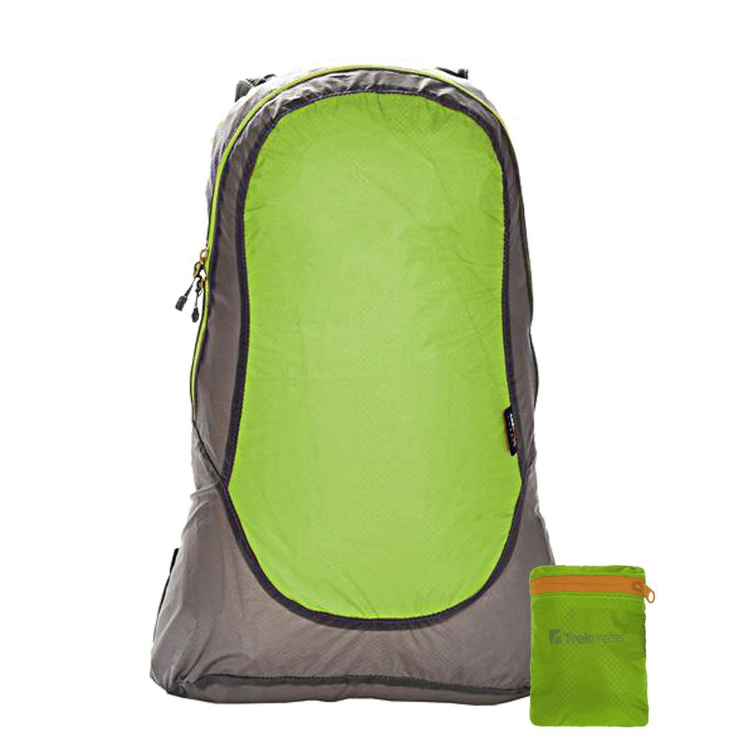 Leichter Trekmates Daypack 20L Rucksack aus grün-grauem Nylon, wasserdicht, kompakt faltbar, mit gelbem Reißverschluss und passender Packtasche im gleichen Farbton, ideal für Reisen und Outdoor-Aktivitäten.