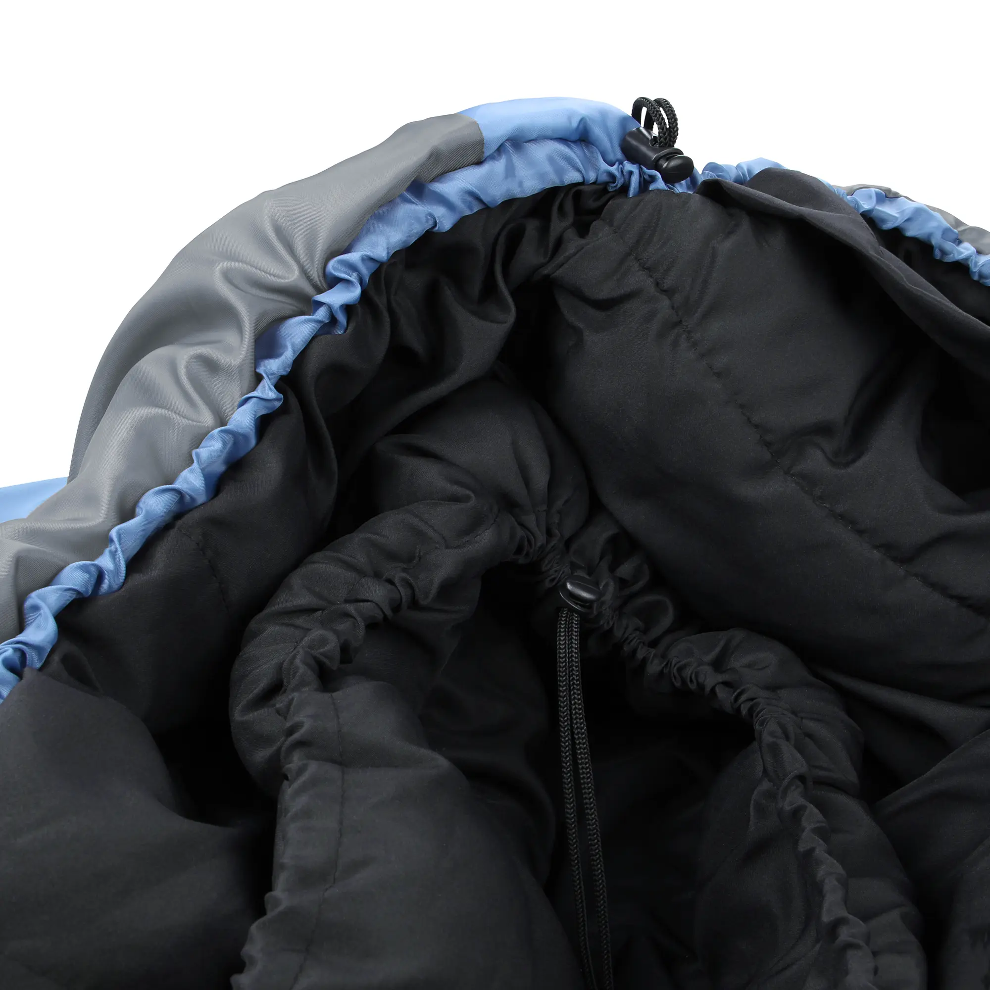 Primo piano della parte superiore del sacco a pelo yourGEAR Sirocco blu e grigio, con interno nero imbottito e cordino di regolazione per maggiore isolamento termico, ideale per 3-4 stagioni e temperature basse.