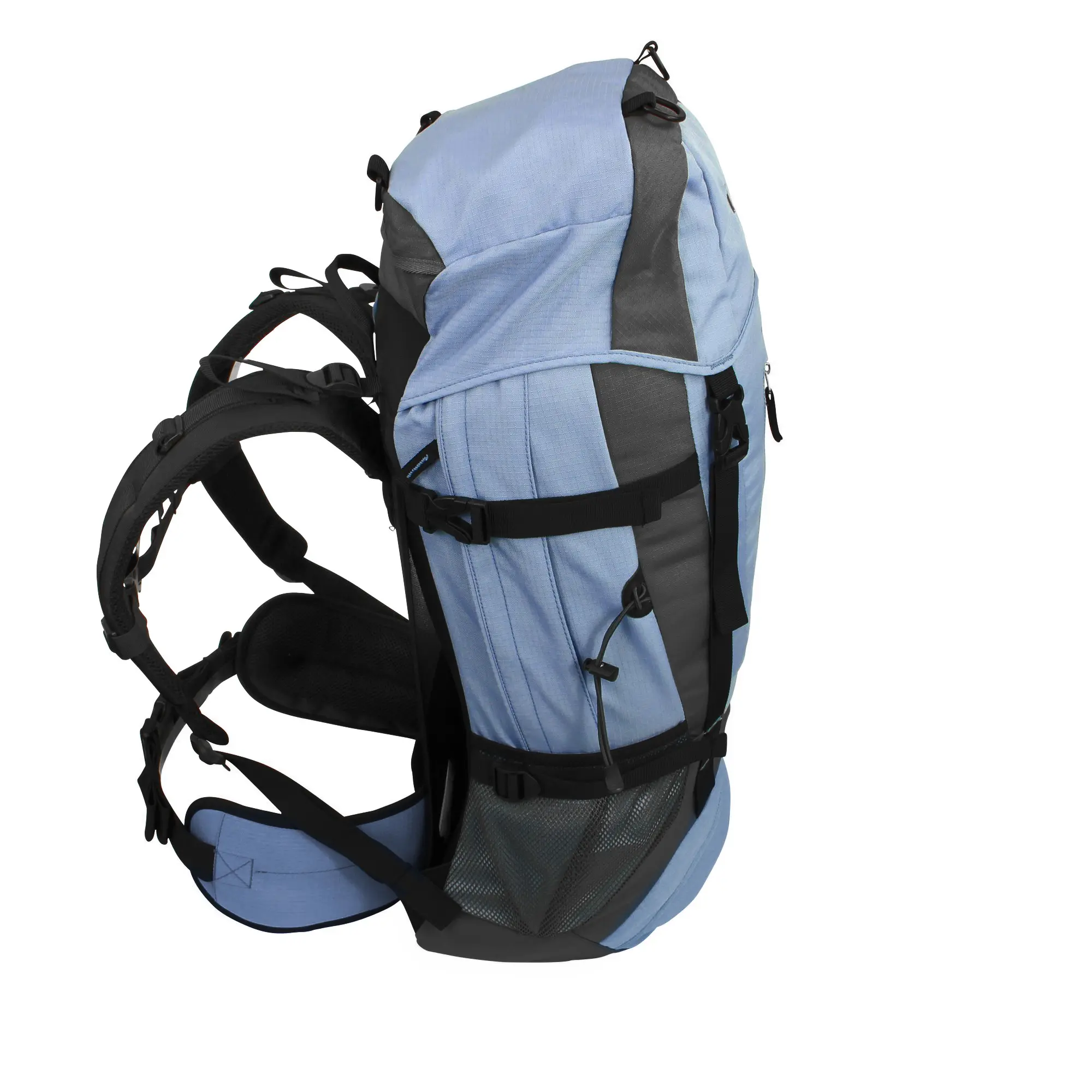 Zaino da trekking 10T Clarke 45L azzurro con dettagli neri, spallacci ergonomici, cintura imbottita, tasche laterali in rete, cinghie di compressione e sistema per l’idratazione.