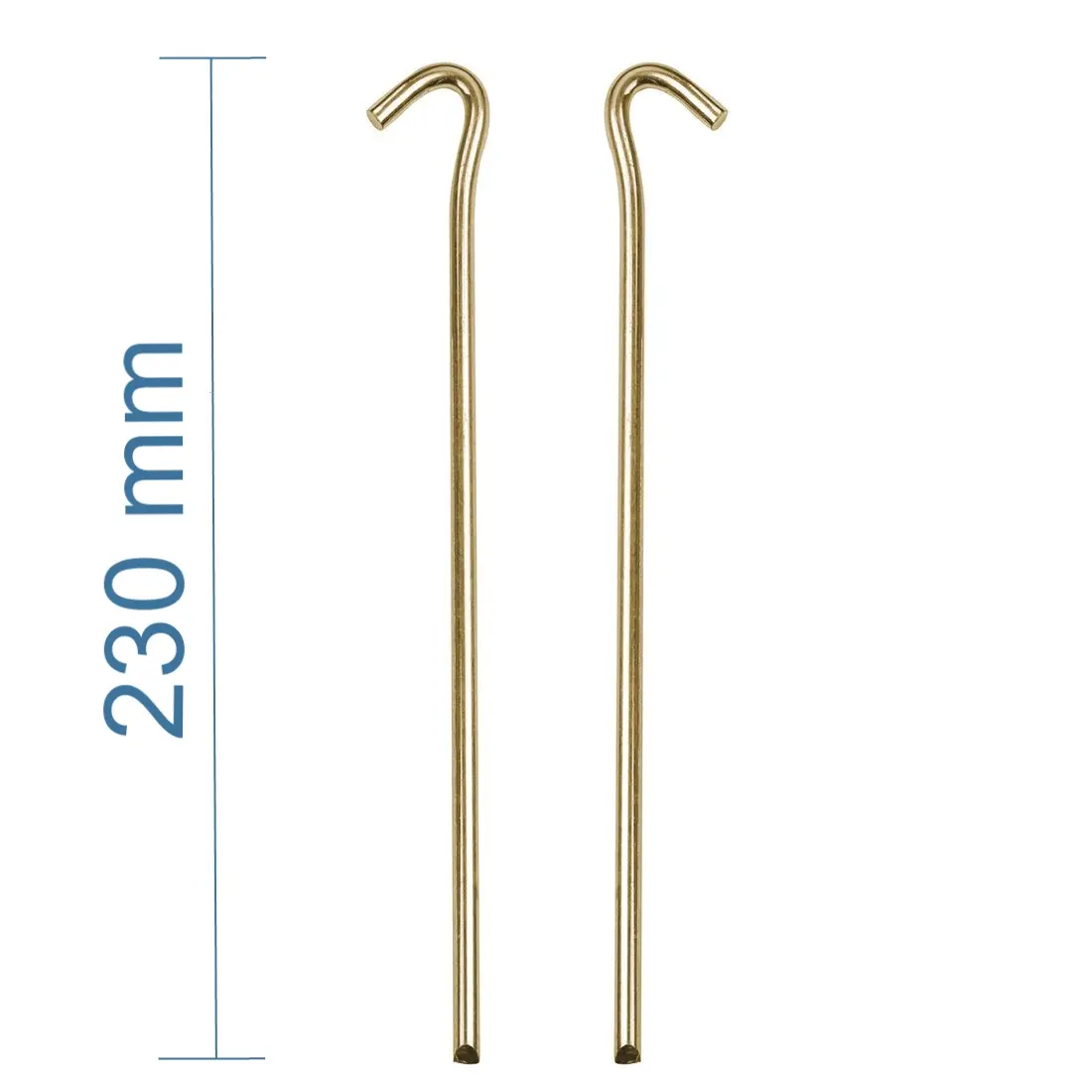 Dos piquetas de acero galvanizado yourGEAR RH23 para tienda de campaña, forma de gancho, diámetro 7 mm, longitud 230 mm, ideales para suelos duros y uso en camping, alta resistencia al viento.