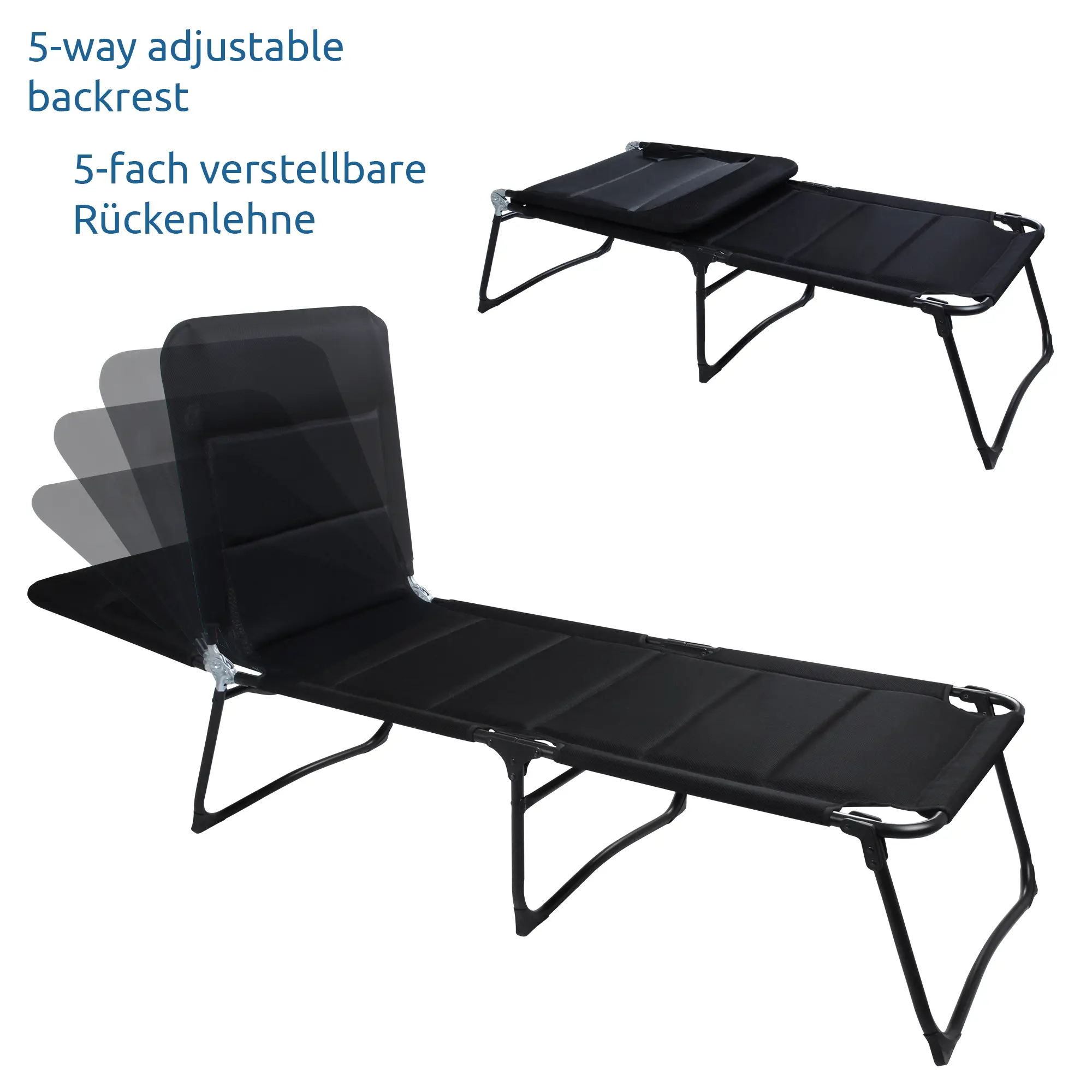 yourGEAR Sonnenliege Salina 3D, gepolsterte XXL Campingliege mit schwarzem 3D Mesh Bezug, Alu-Rohrrahmen und 5-fach verstellbarer Rückenlehne, robust und schnelltrocknend, ideal für Garten und Camping.