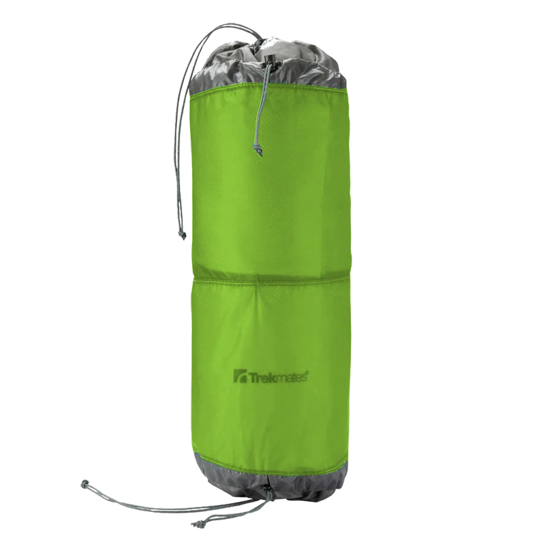 Green Trekmates Bag 10L pack sack with two compartments, dual drawstring openings on both ends, lightweight silicone-coated nylon fabric, suitable for organized waterproof storage; Trekmates logo visible on the front.