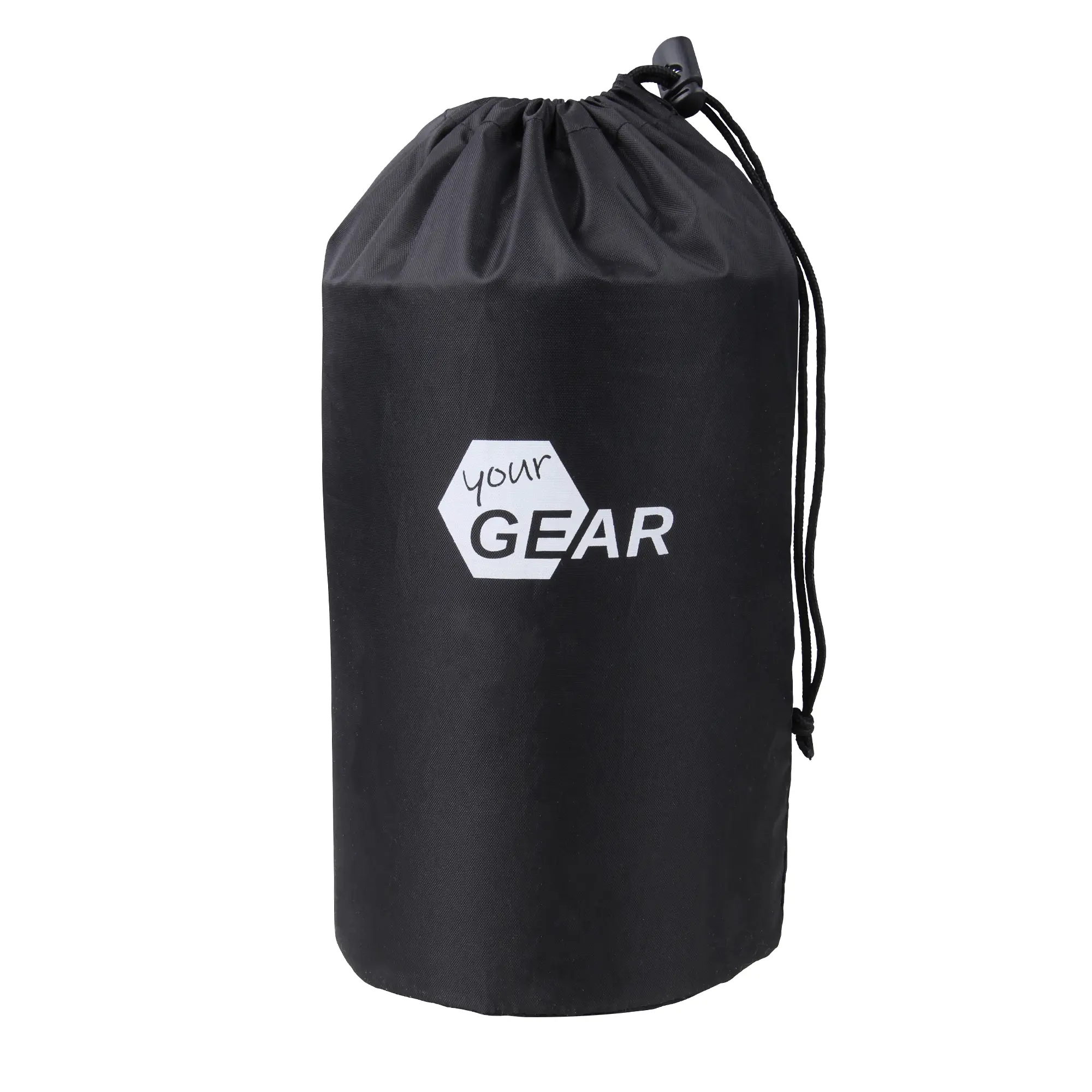 yourGEAR Malaga bike cover for rear rack, shown packed in a black, cylindrical drawstring bag with yourGEAR logo; designed for protecting 2 bikes from weather on a rear carrier.