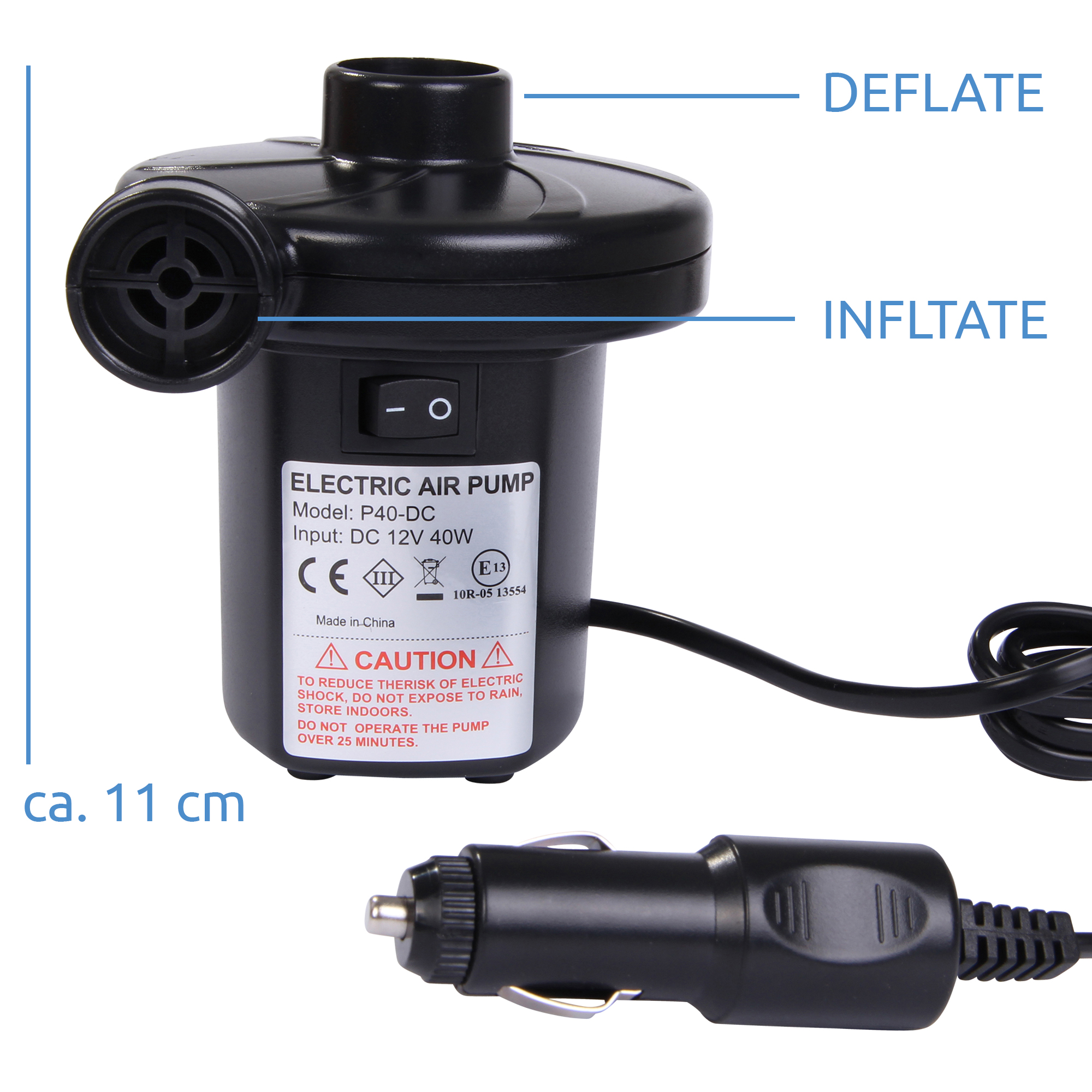 Pompa aria elettrica Blueborn P40 da 12V e 40W, con due bocchette per gonfiaggio e sgonfiaggio, interruttore on/off e spina per accendisigari auto; altezza circa 11 cm.