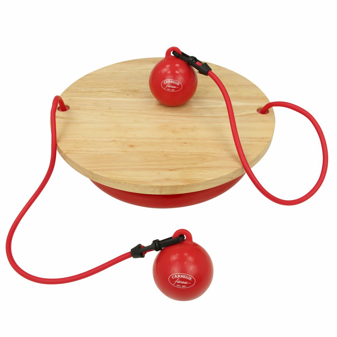 Rundes Carnegie Balance Board aus Holz mit rotem Kunststoffboden, zwei roten Toning-Bällen und einem Widerstandsband. Geeignet für Gleichgewichts- und Krafttraining, Fitness und Rehabilitation.