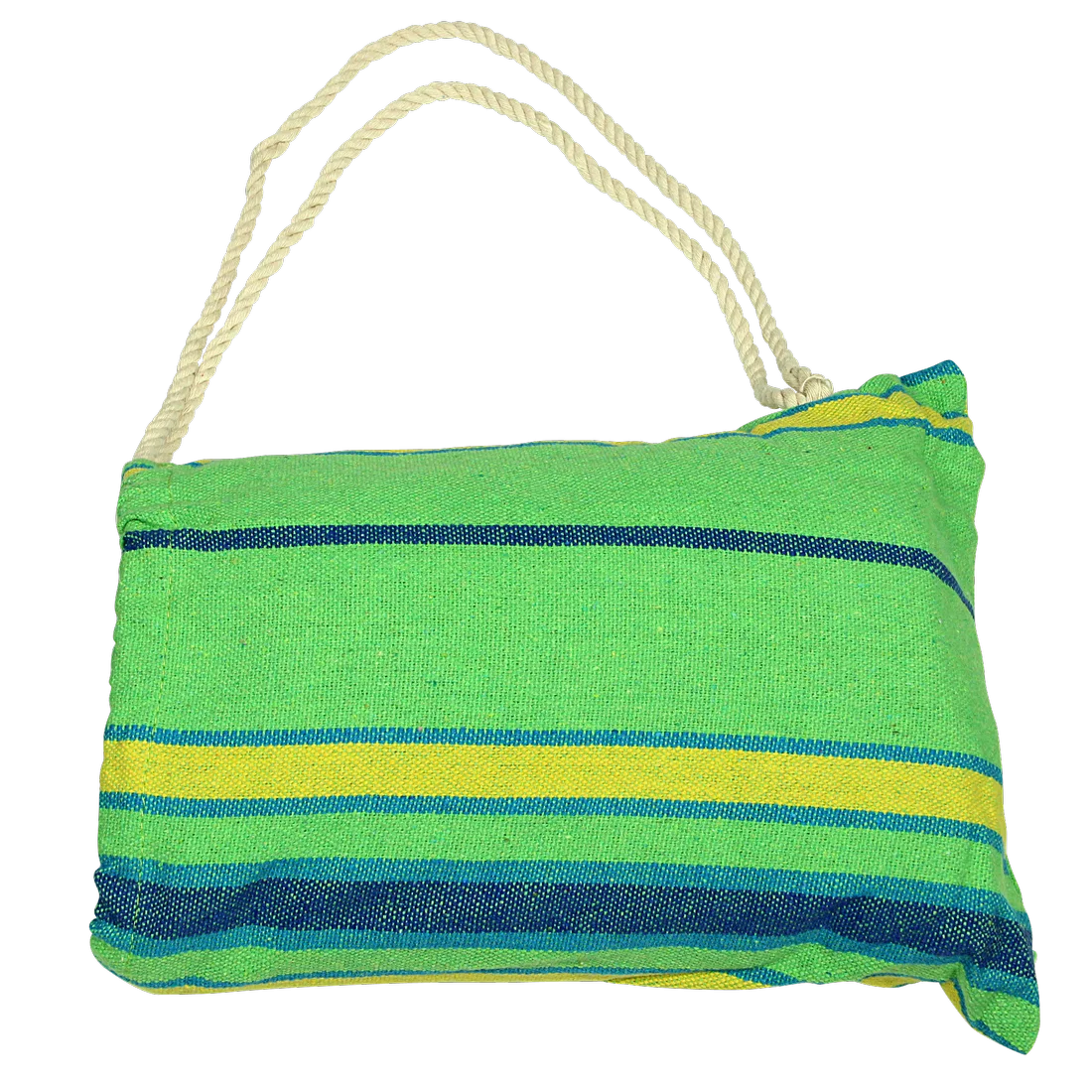 Hamac 10T Devellin XL pour 1 personne, en coton vert à rayures bleues et jaunes, format compact dans un sac de transport avec cordes de fixation incluses, idéal pour jardin, balcon ou camping.