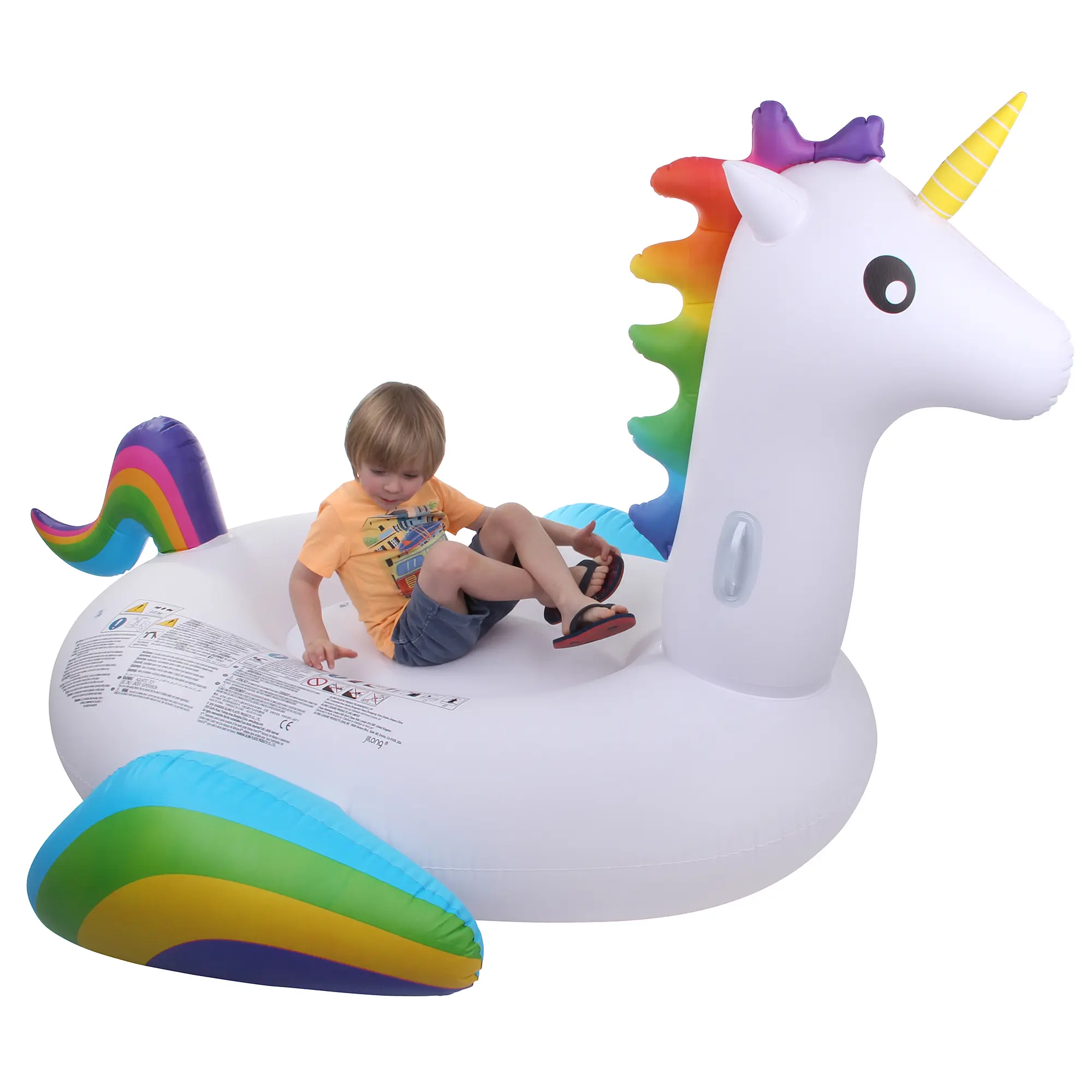 Unicorno gonfiabile XXL Jilong per piscina, dimensioni 220x160x120 cm, con due maniglie, criniera e coda arcobaleno, adatto a bambini e adulti; un bambino seduto sopra.