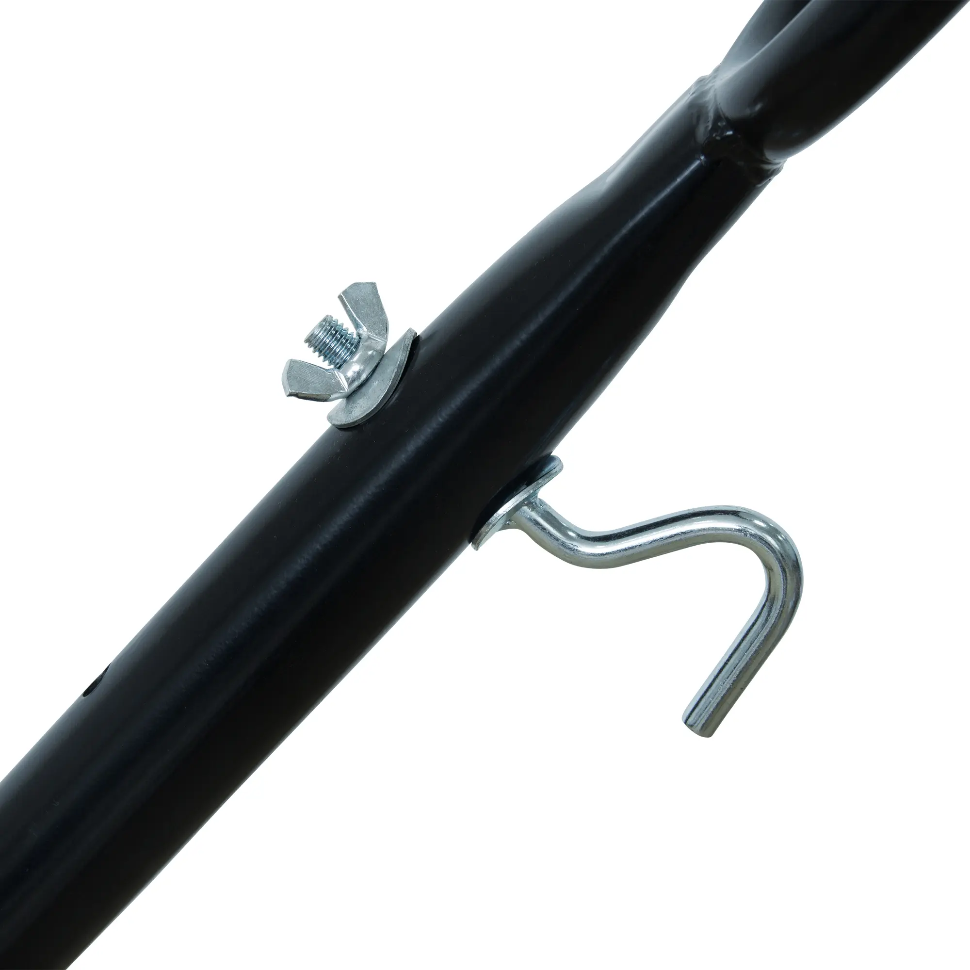 Close-up of the yourGEAR hammock stand, showing a robust dark grey metal tube with a wing nut and a sturdy steel hook for secure hammock attachment, suitable for hammocks 260–350 cm, loadable up to 350 kg.